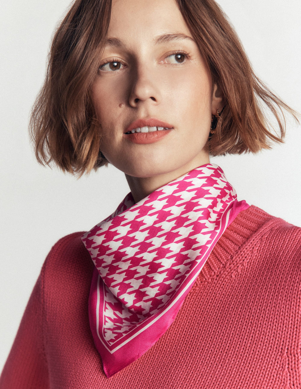 Silk Square Scarf-Pink Peony, Houndstooth