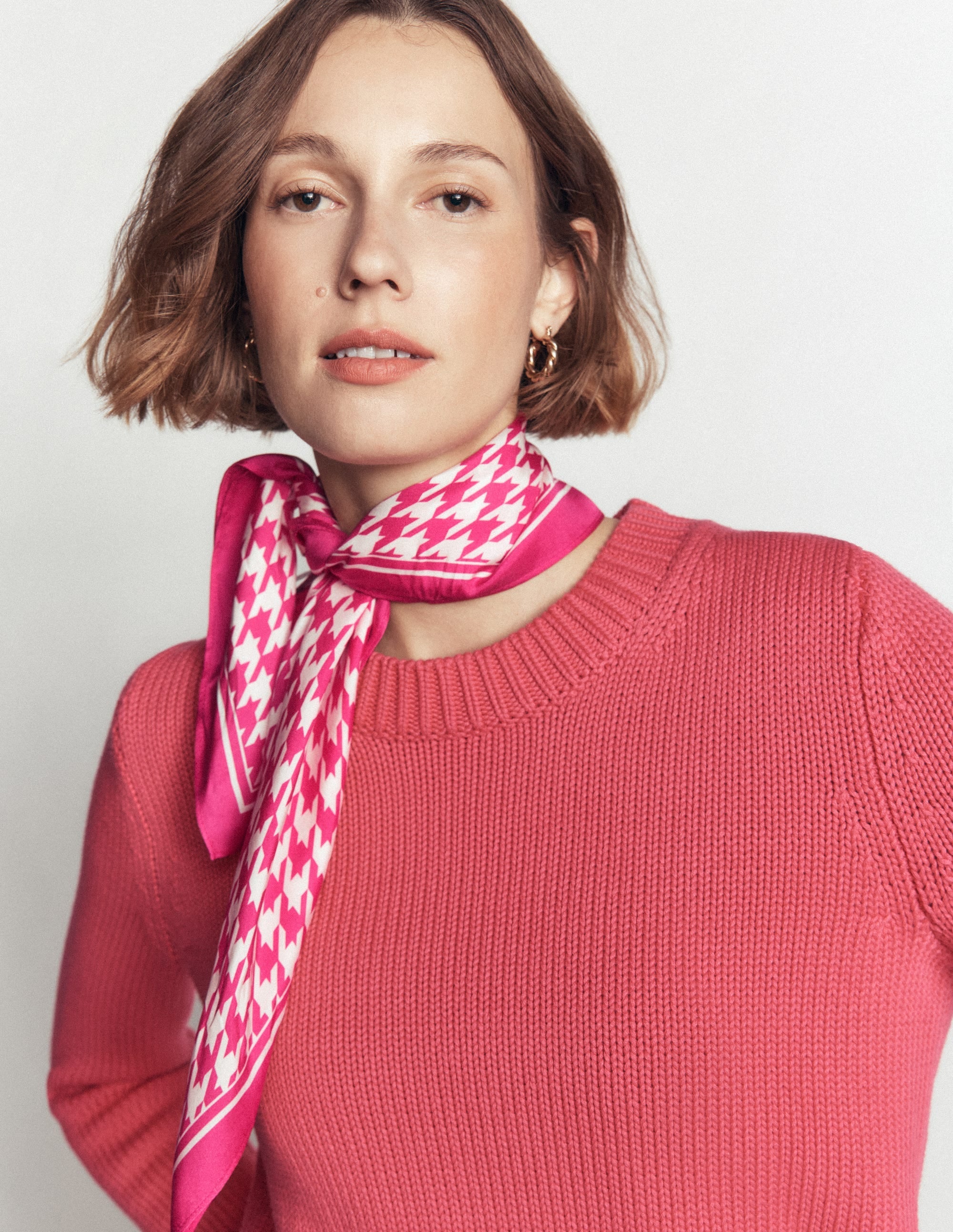 Silk Square Scarf-Pink Peony, Houndstooth