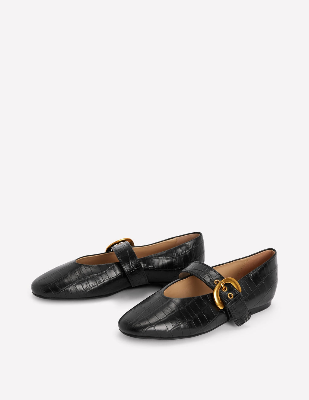Flat Buckle Mary Janes-Black Croc Embossed