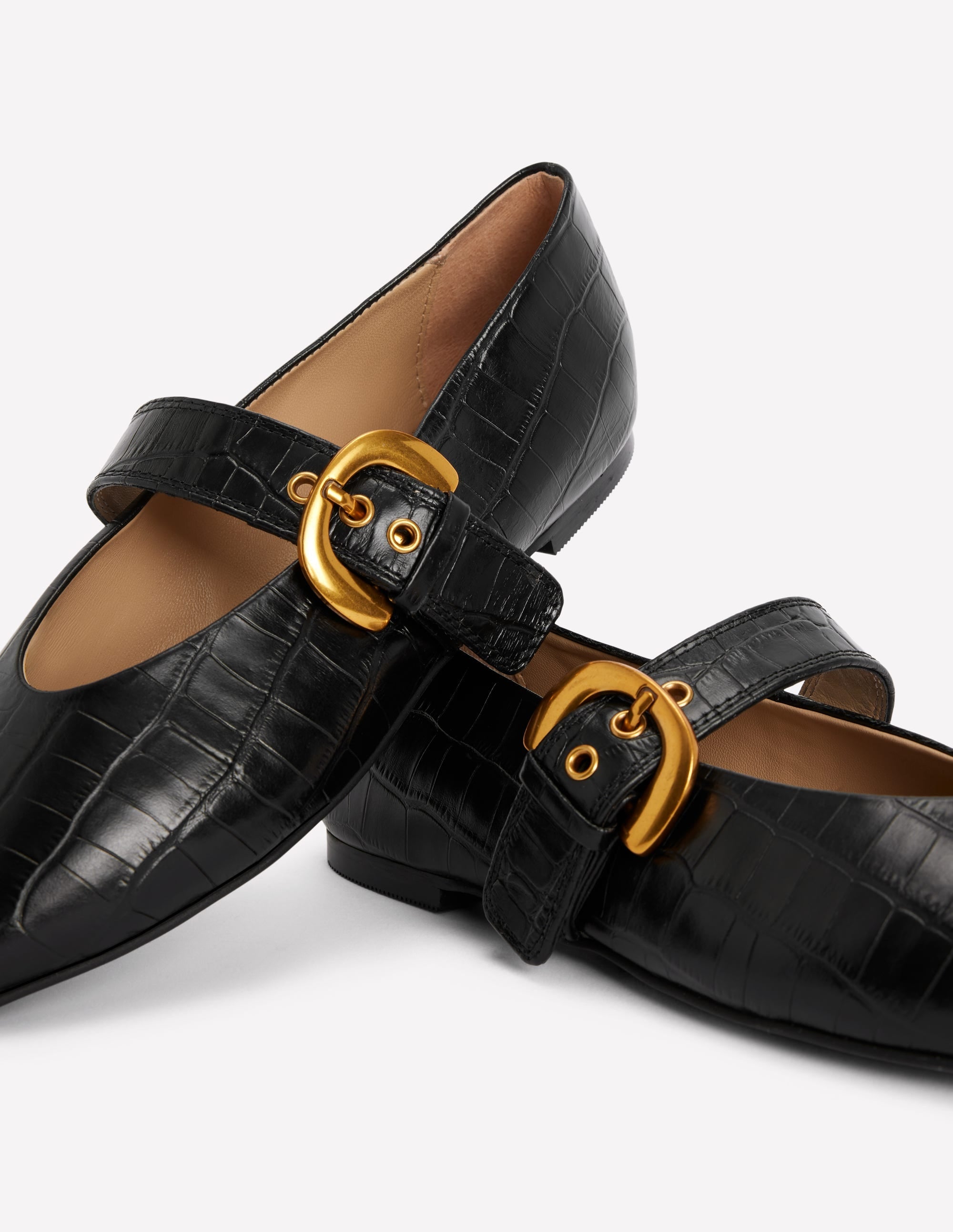Flat Buckle Mary Janes-Black Croc Embossed