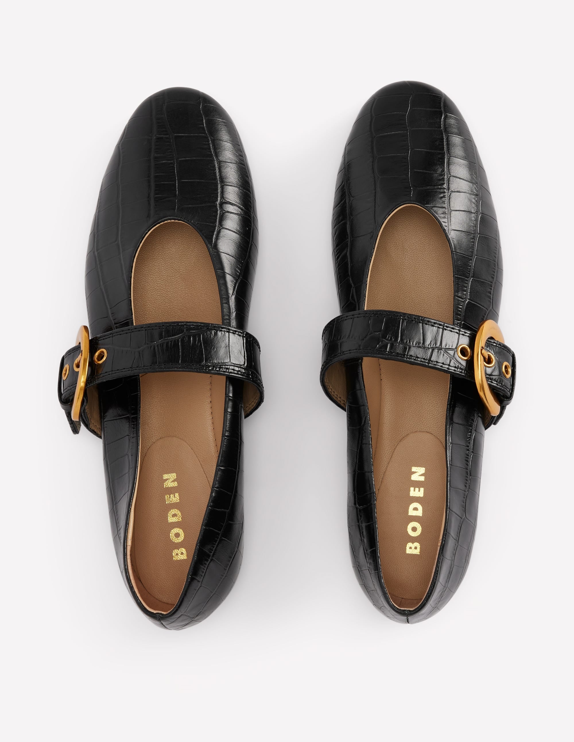 Flat Buckle Mary Janes-Black Croc Embossed