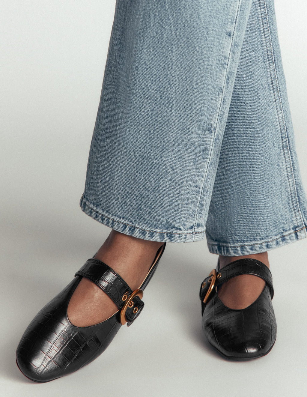 Flat Buckle Mary Janes-Black Croc Embossed
