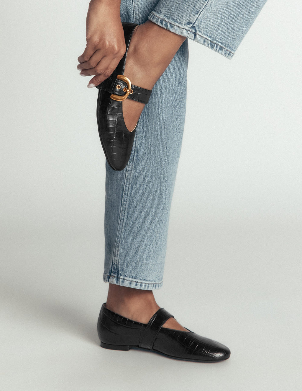 Flat Buckle Mary Janes-Black Croc Embossed