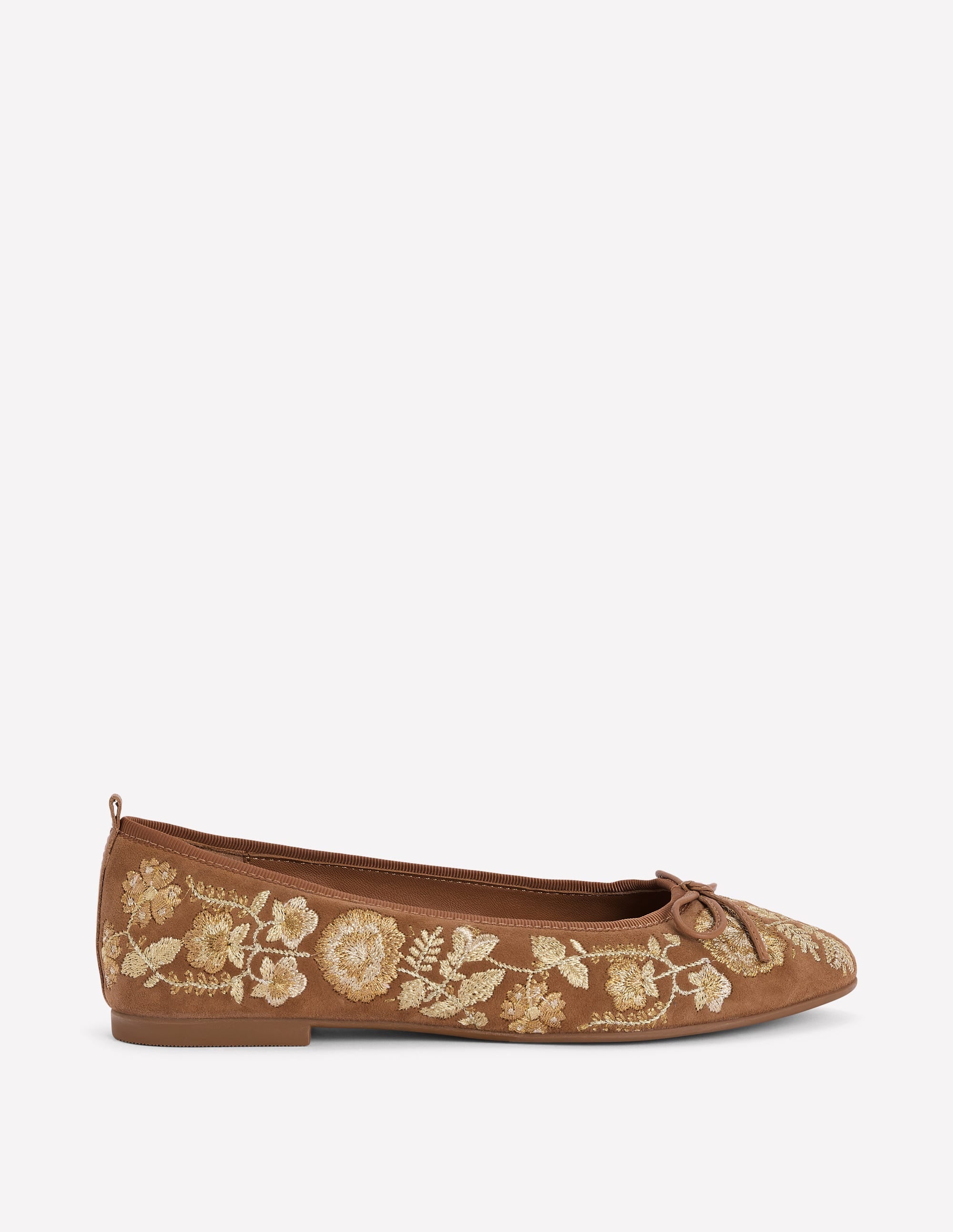 Round Toe Ballet Flats-Gold Embroidered