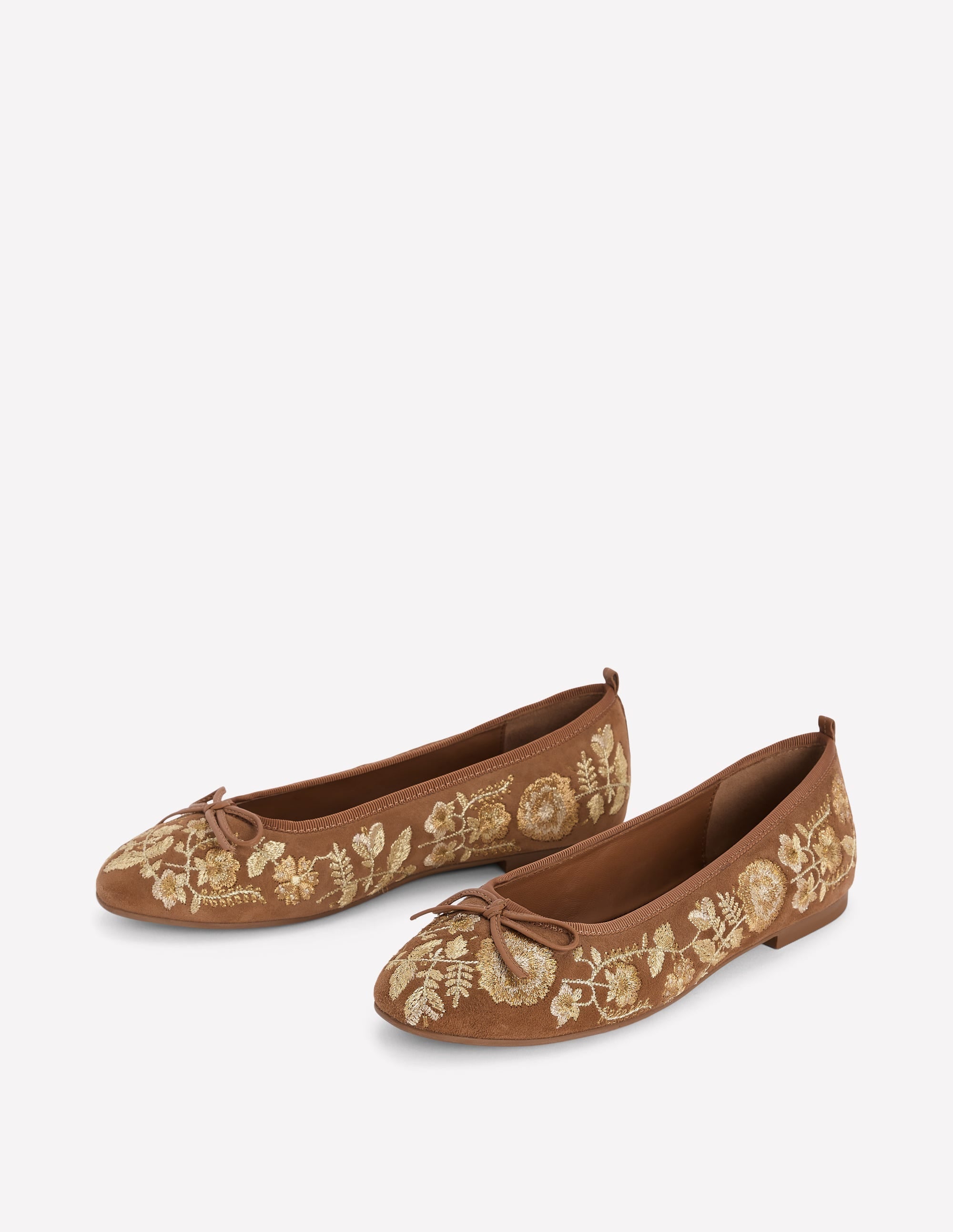 Round Toe Ballet Flats-Gold Embroidered