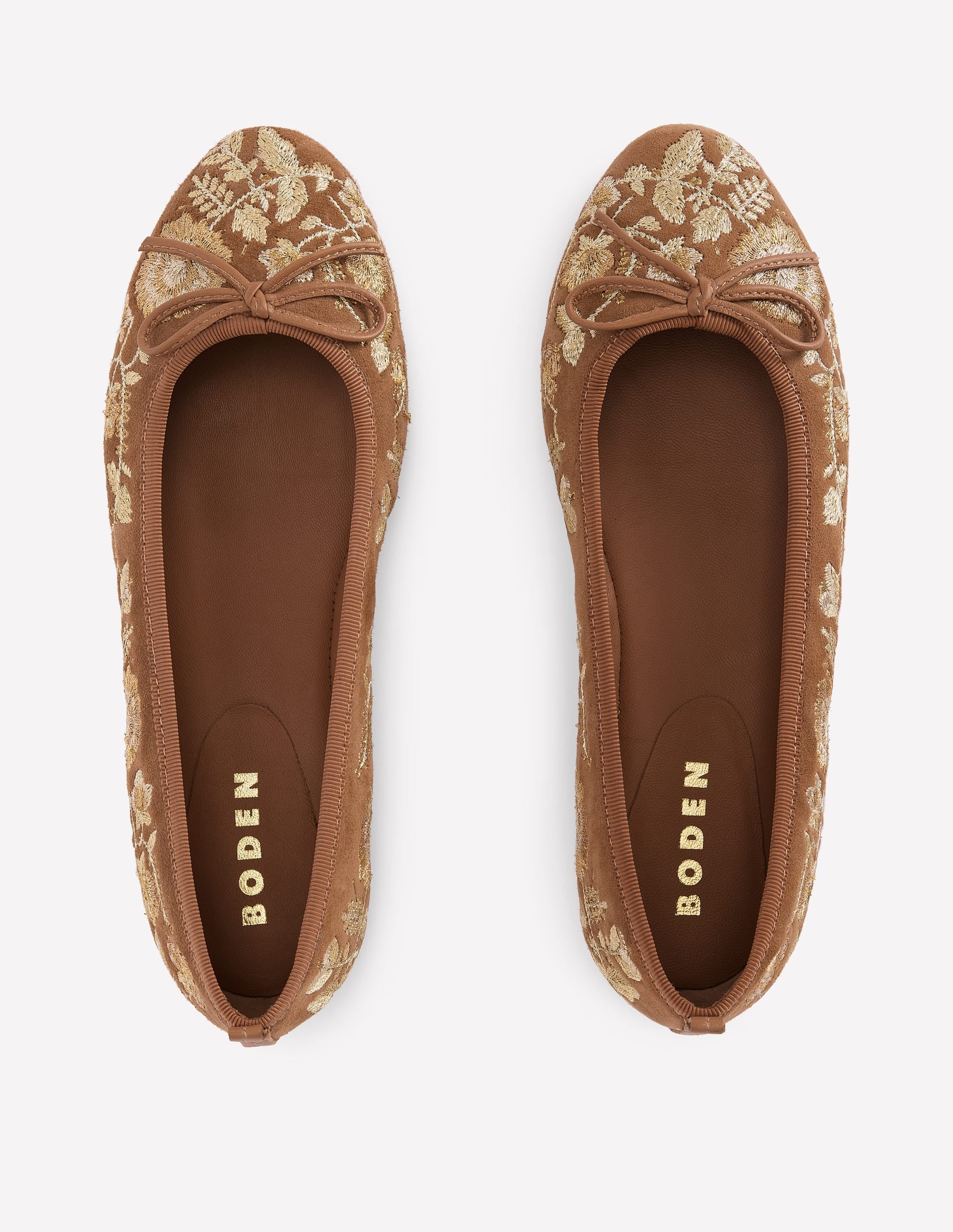 Round Toe Ballet Flats-Gold Embroidered