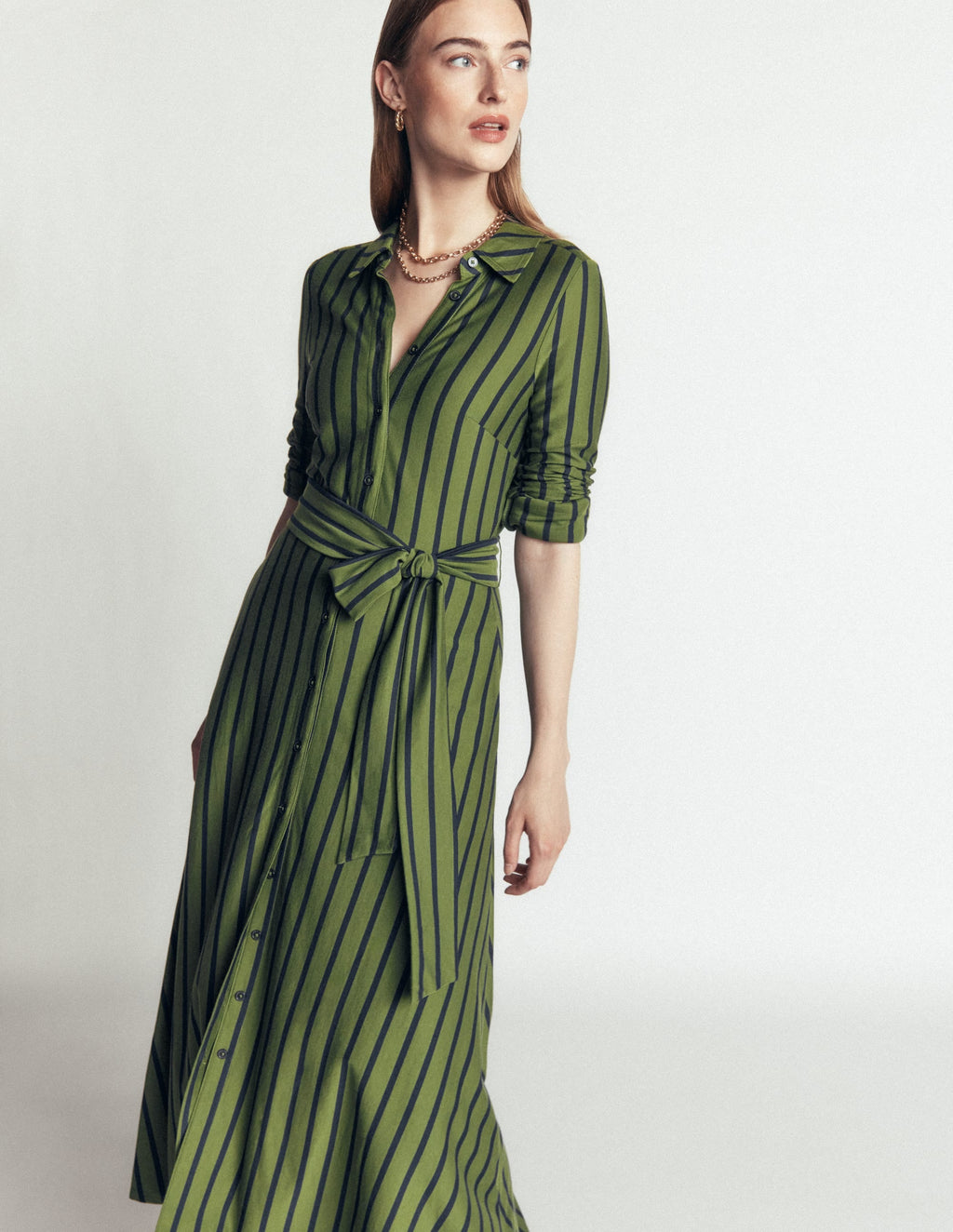 Jersey Shirt Dress-Chive and Navy Stripe
