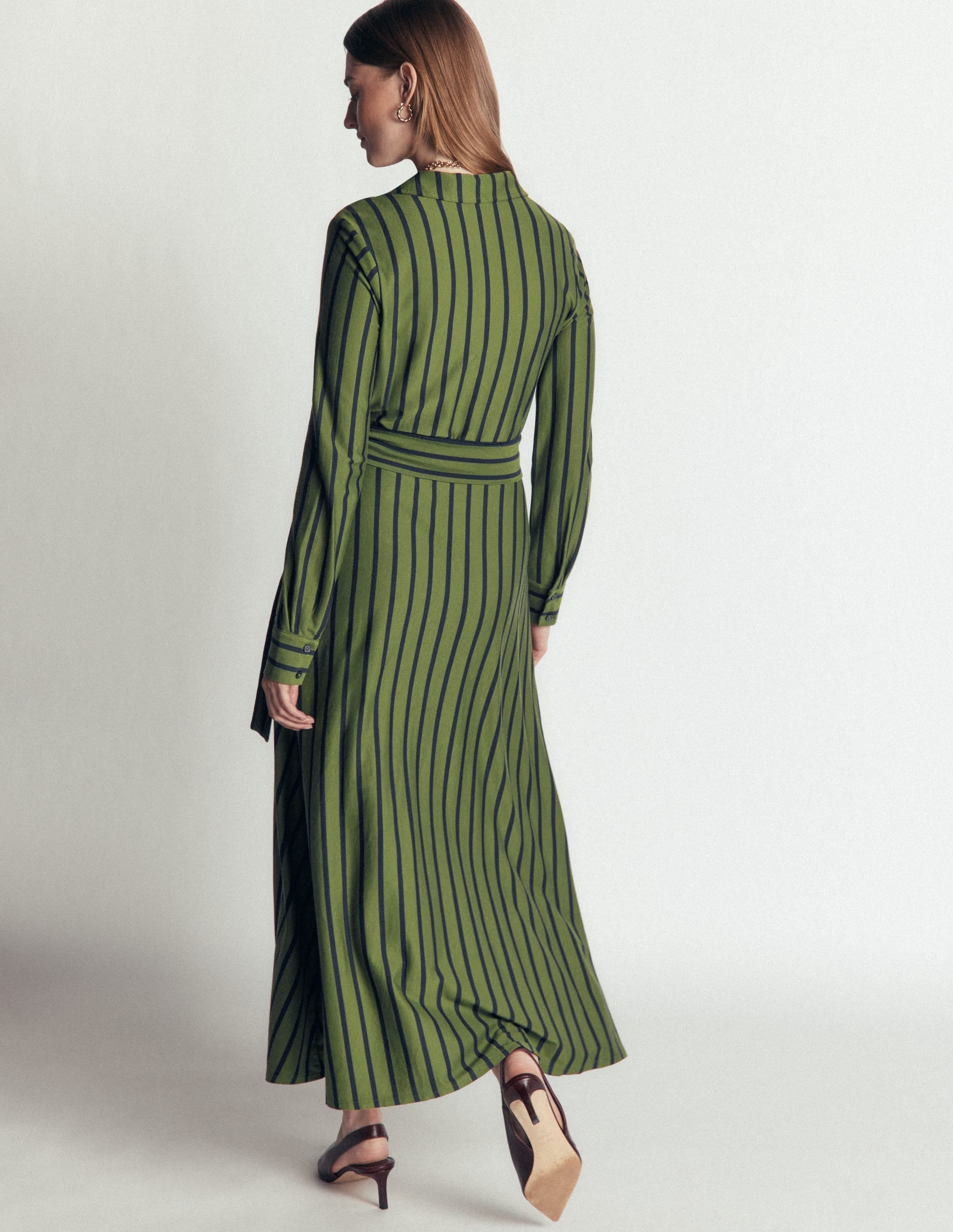 Jersey Shirt Dress-Chive and Navy Stripe