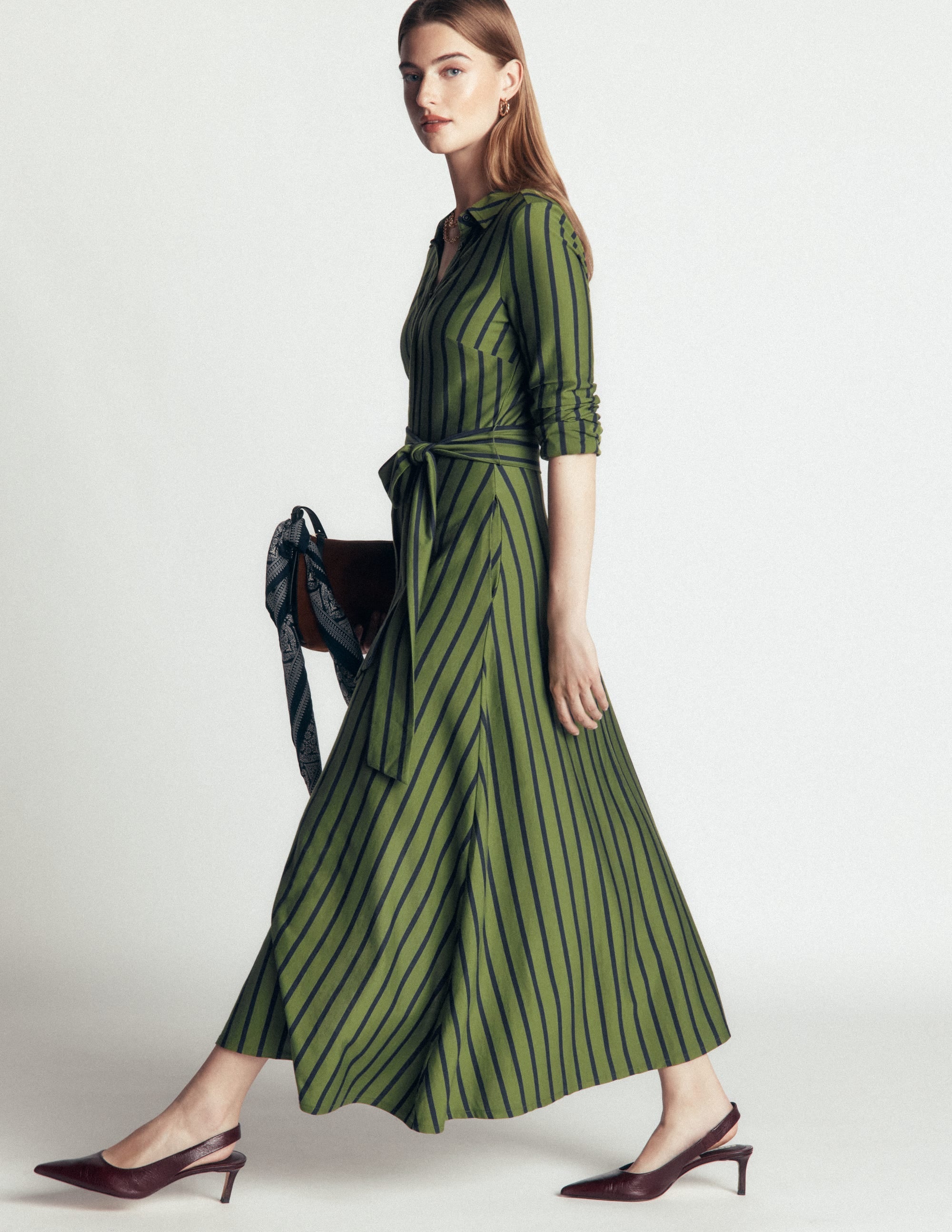 Jersey Shirt Dress-Chive and Navy Stripe
