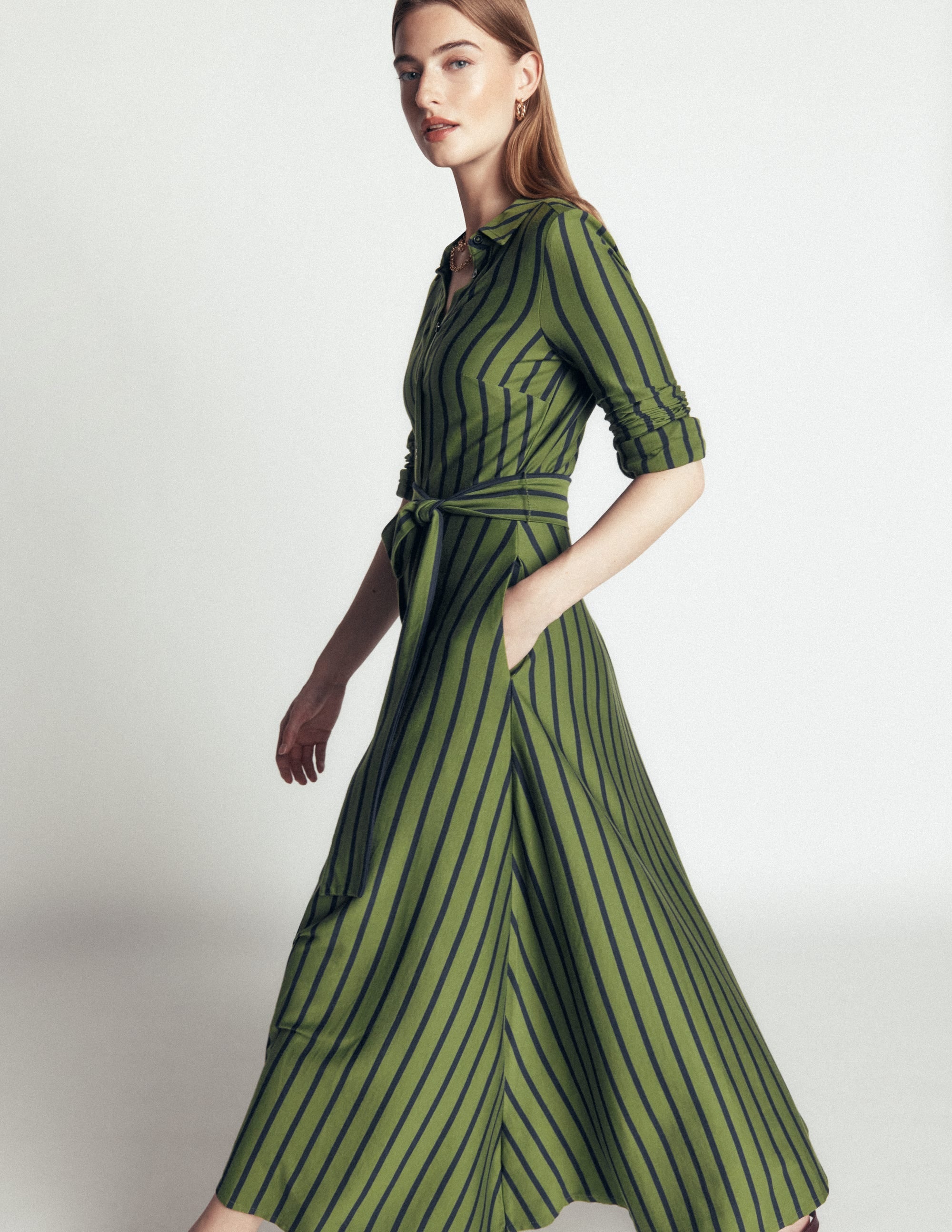 Jersey Shirt Dress-Chive and Navy Stripe