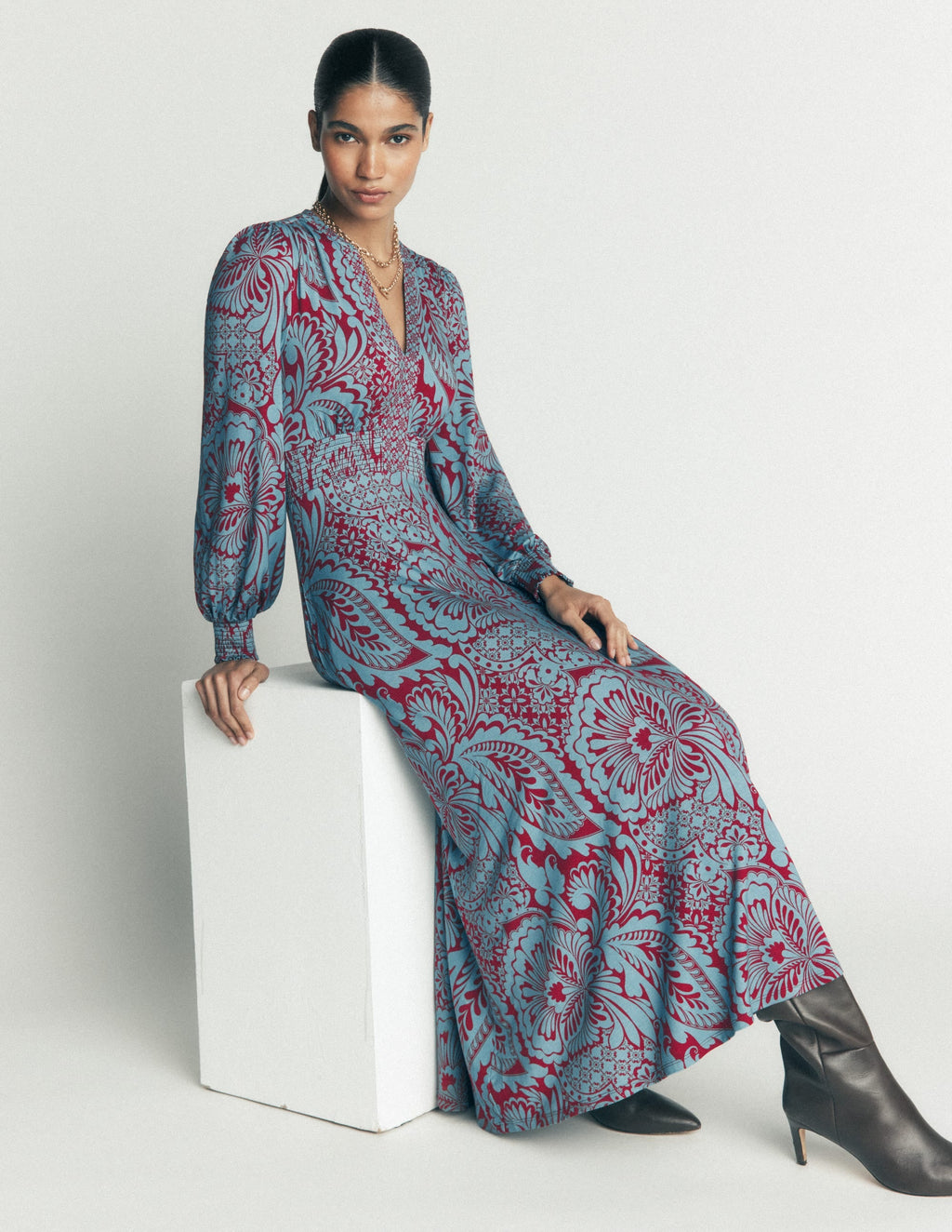 Jersey Midi Dress-Delphinum Blue, Botanical