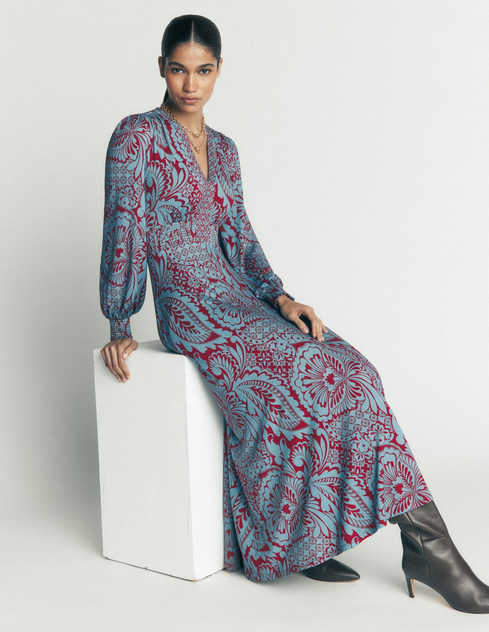 Jersey Midi Dress-Delphinum Blue, Botanical
