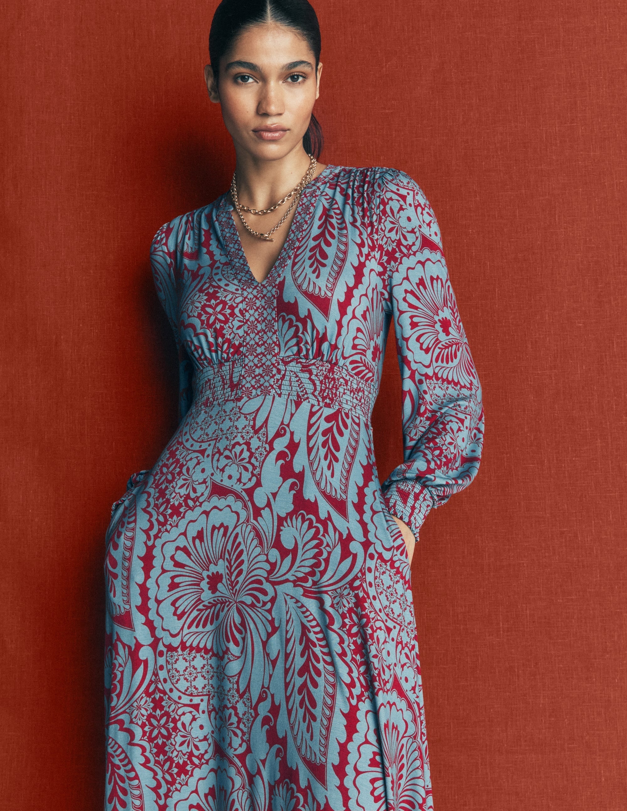 Jersey Midi Dress-Delphinum Blue, Botanical
