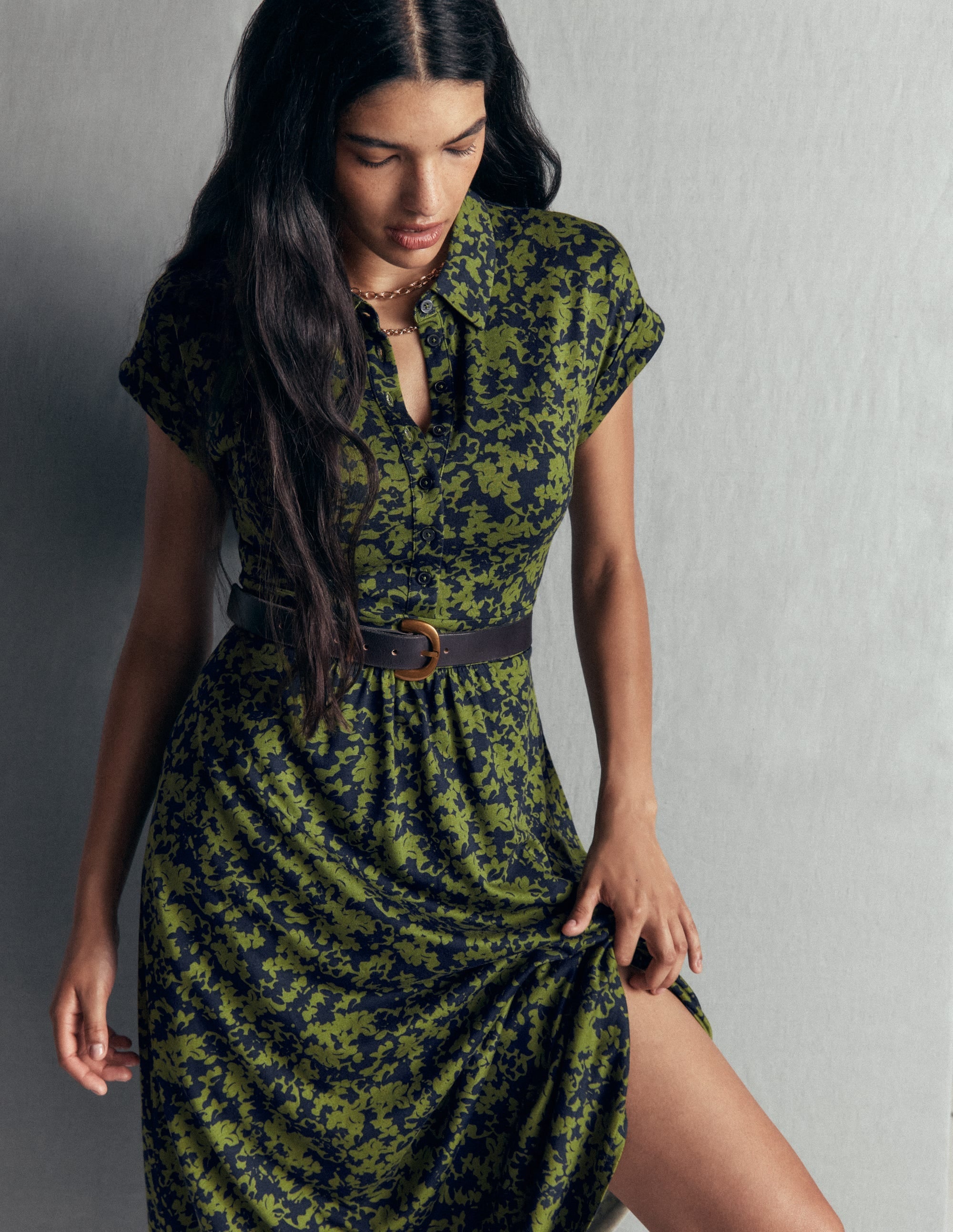 Jersey Shirt Dress-Forest Green, Sprayed Leaf