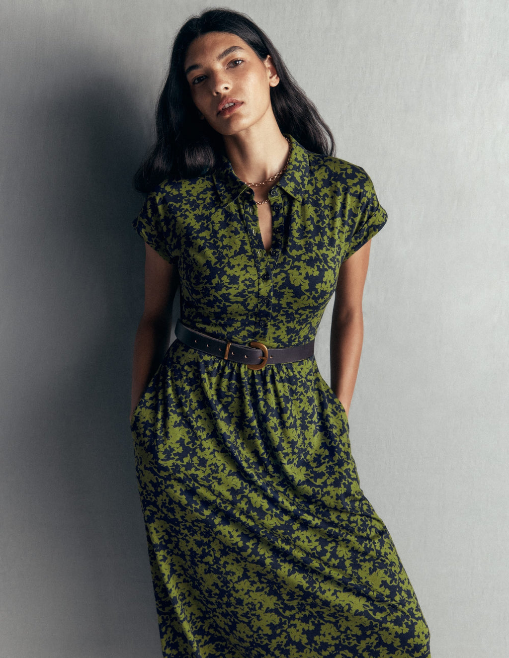 Jersey Shirt Dress-Forest Green, Sprayed Leaf