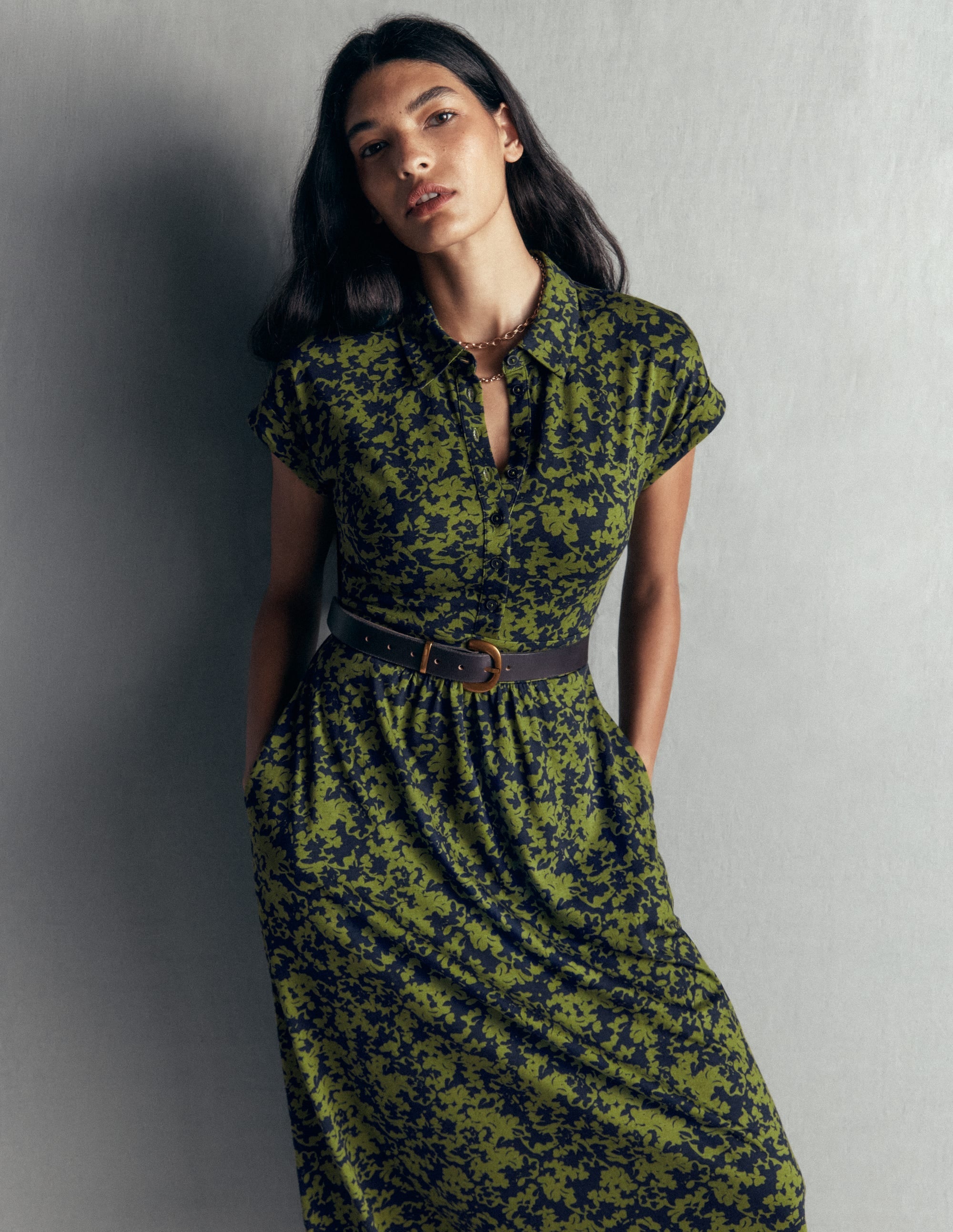 Jersey Shirt Dress-Forest Green, Sprayed Leaf