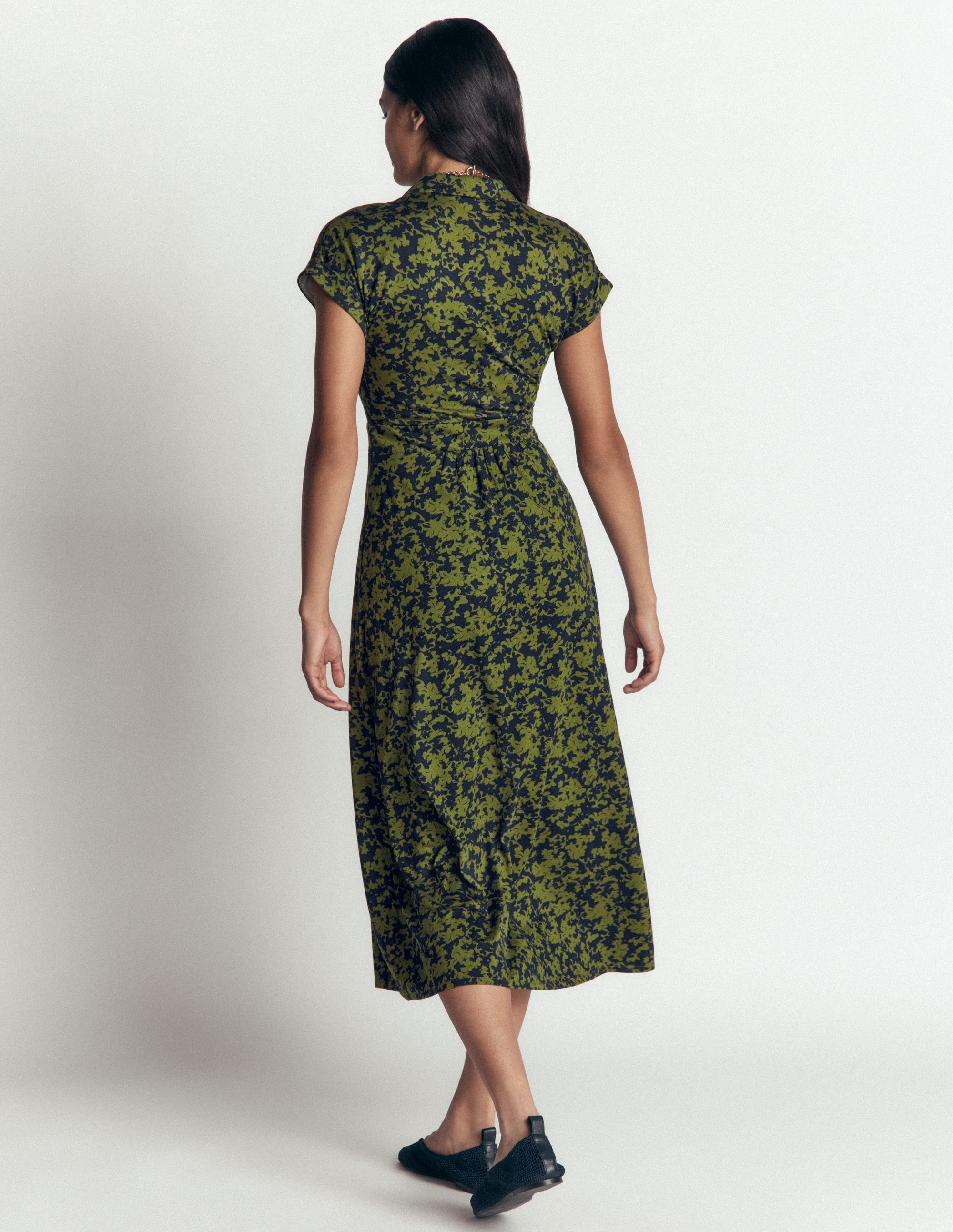 Jersey Shirt Dress-Forest Green, Sprayed Leaf