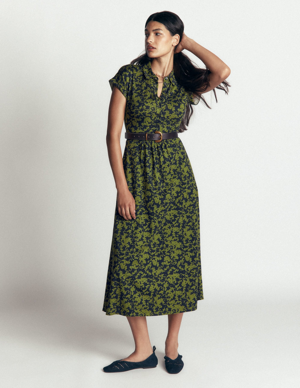 Jersey Shirt Dress-Forest Green, Sprayed Leaf
