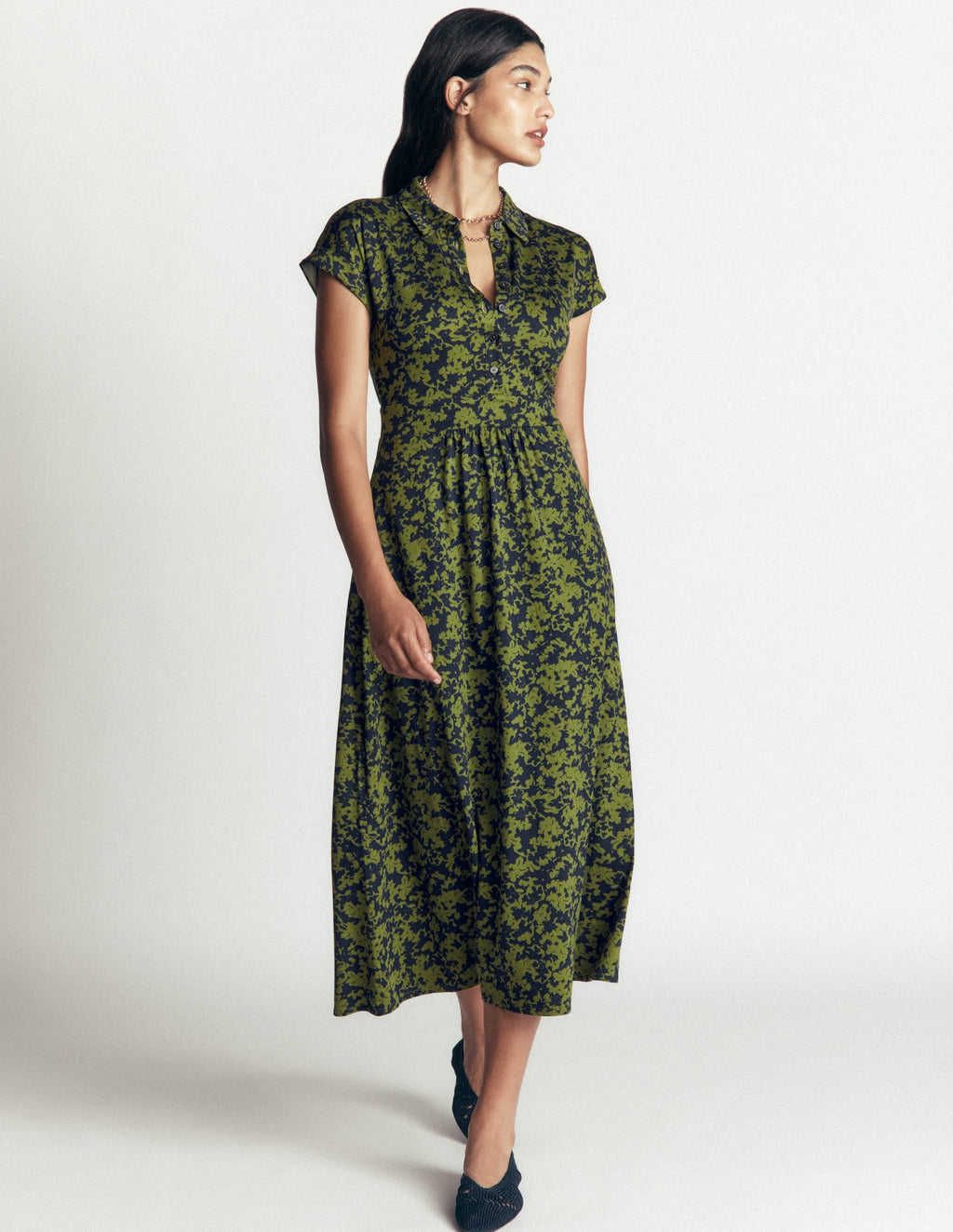 Jersey Shirt Dress-Forest Green, Sprayed Leaf