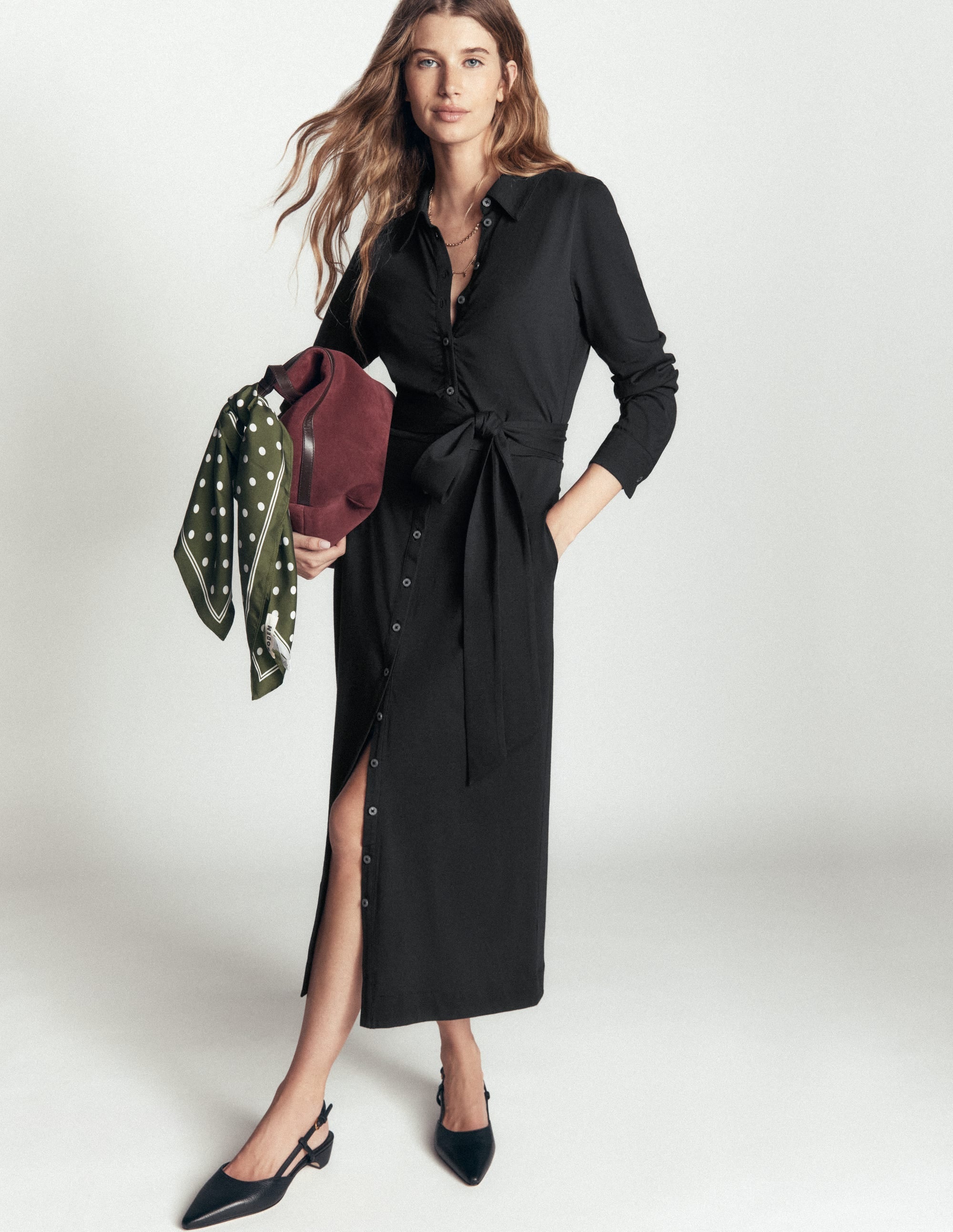 Ruched Jersey Shirt Dress-Black