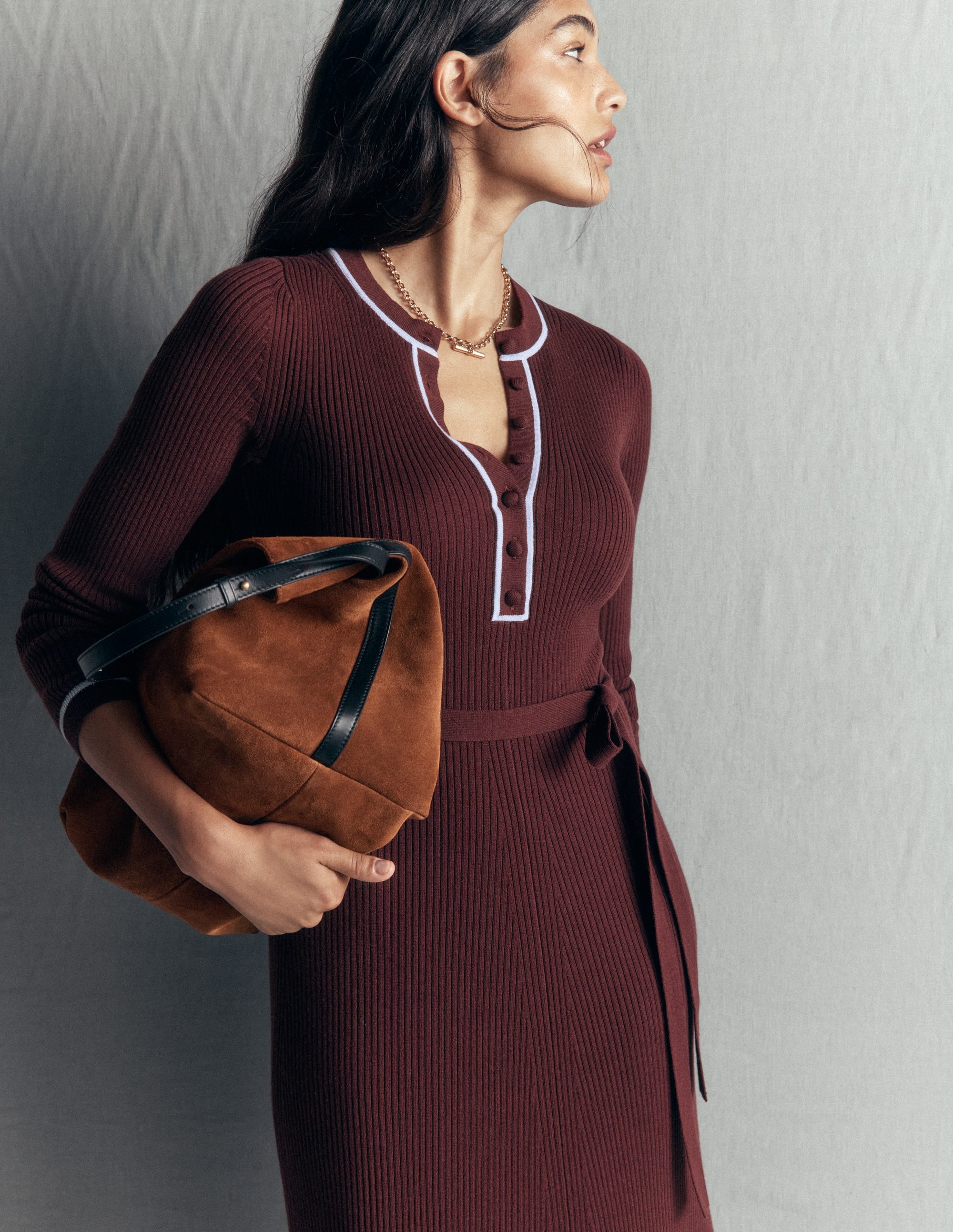 Ribbed Crew Dress-Raw Umber, Faded Denim