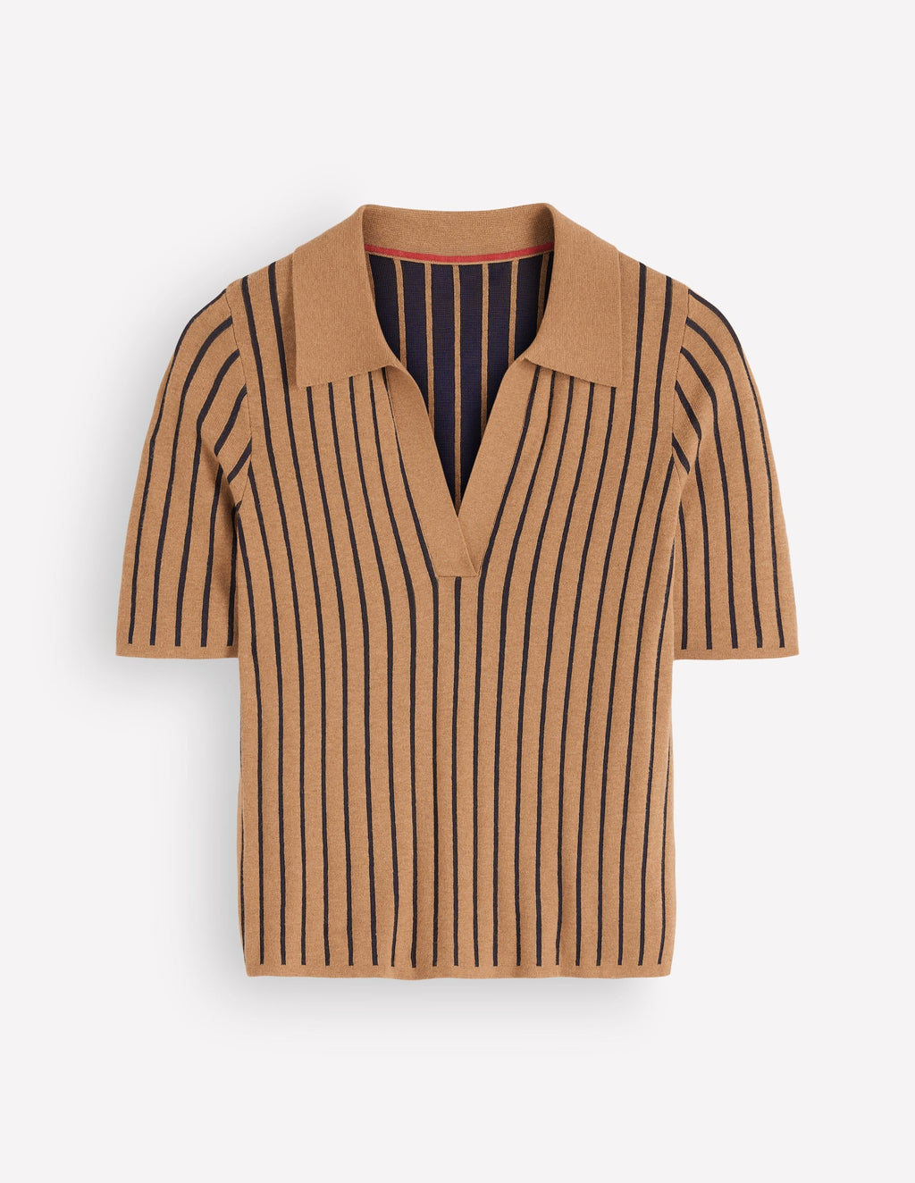 Knitted Henley T-Shirt-Camel, Navy Stripe