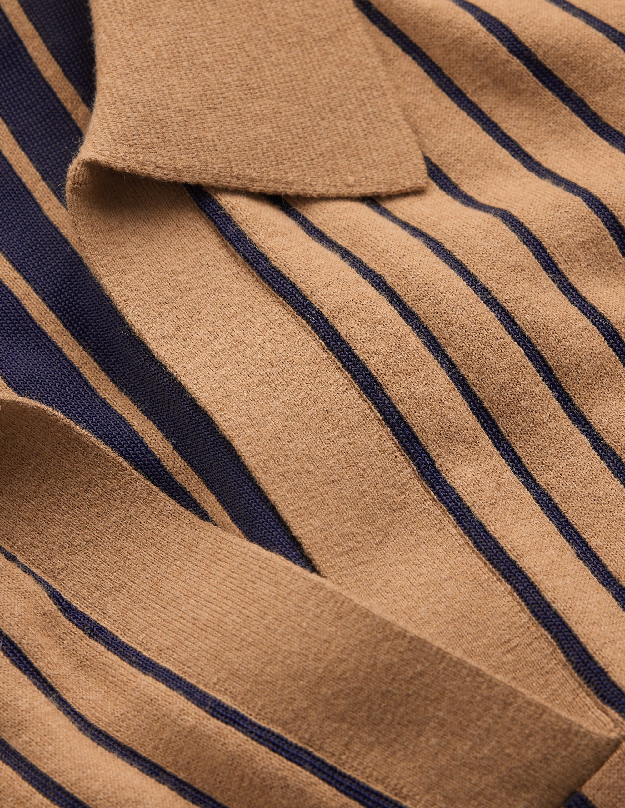 Knitted Henley T-Shirt-Camel, Navy Stripe