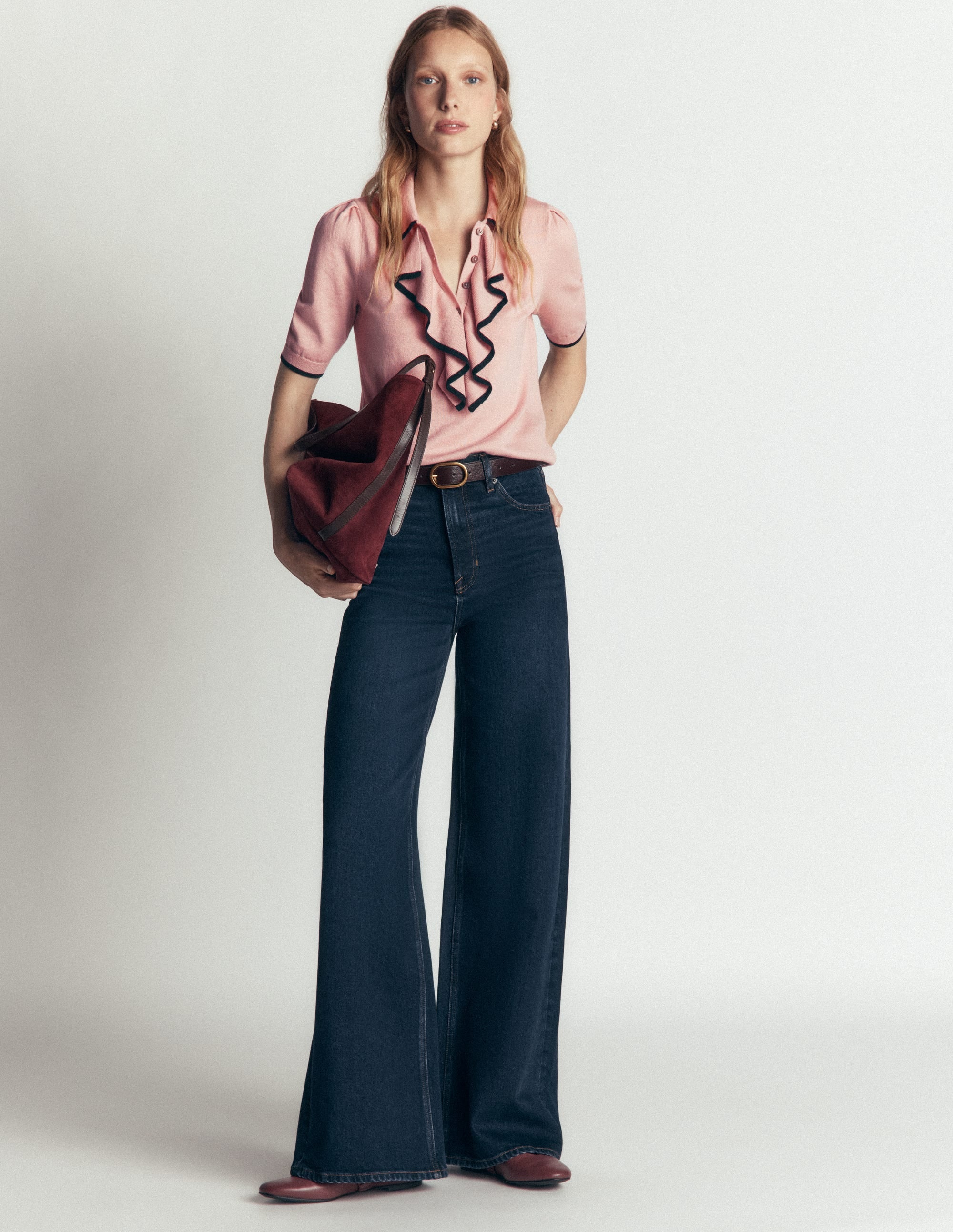 Ruffle Collar Knitted T-Shirt-Blush Ivory