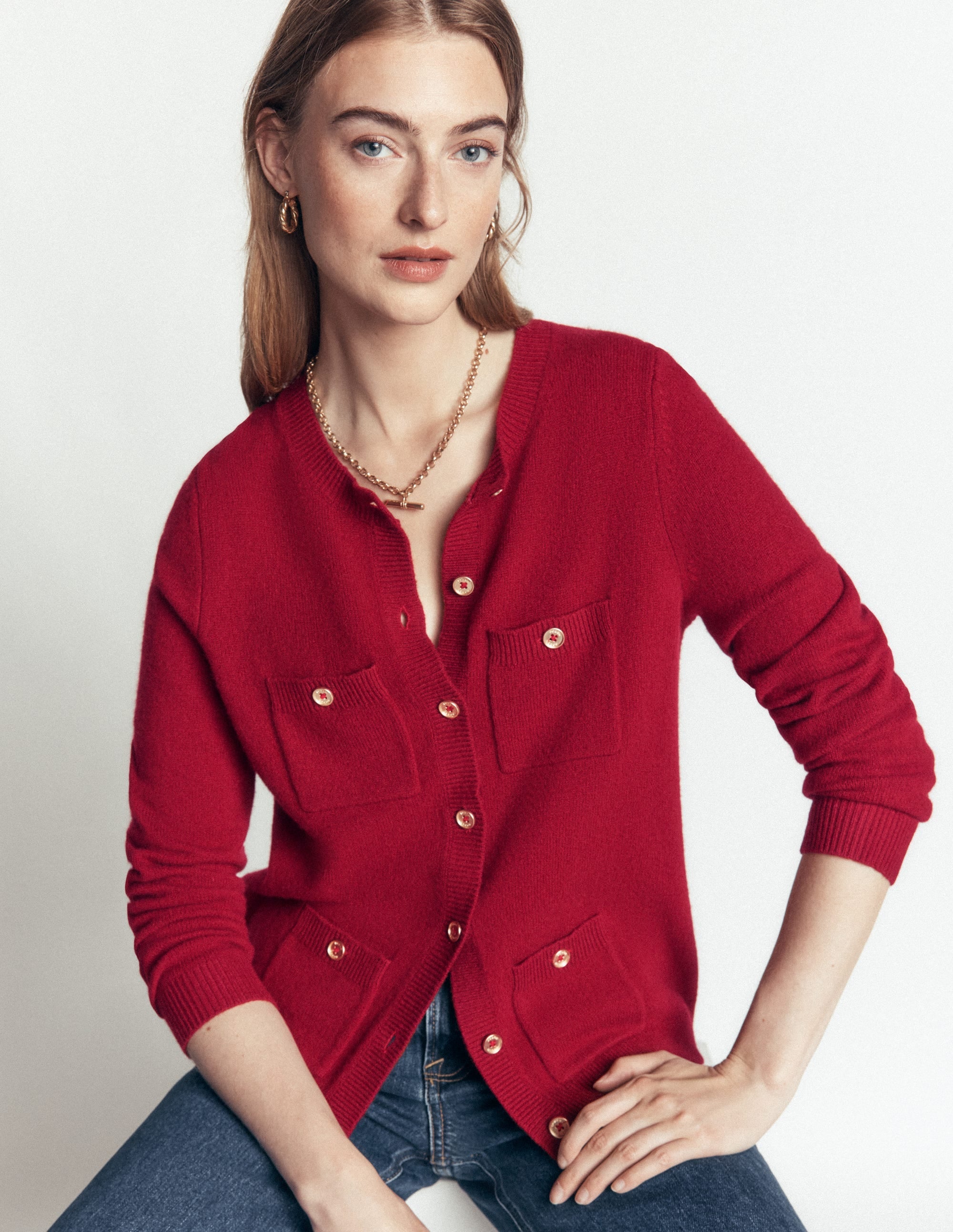 Merino Wool Cardigan-Crimson Red