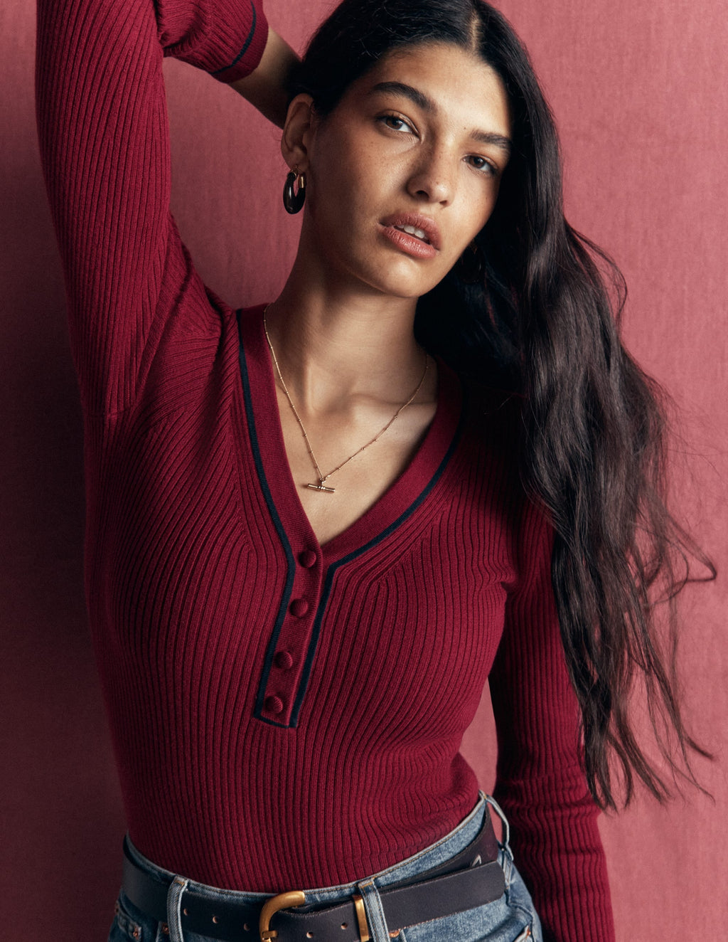 Ribbed V Neck Jumper-Merlot