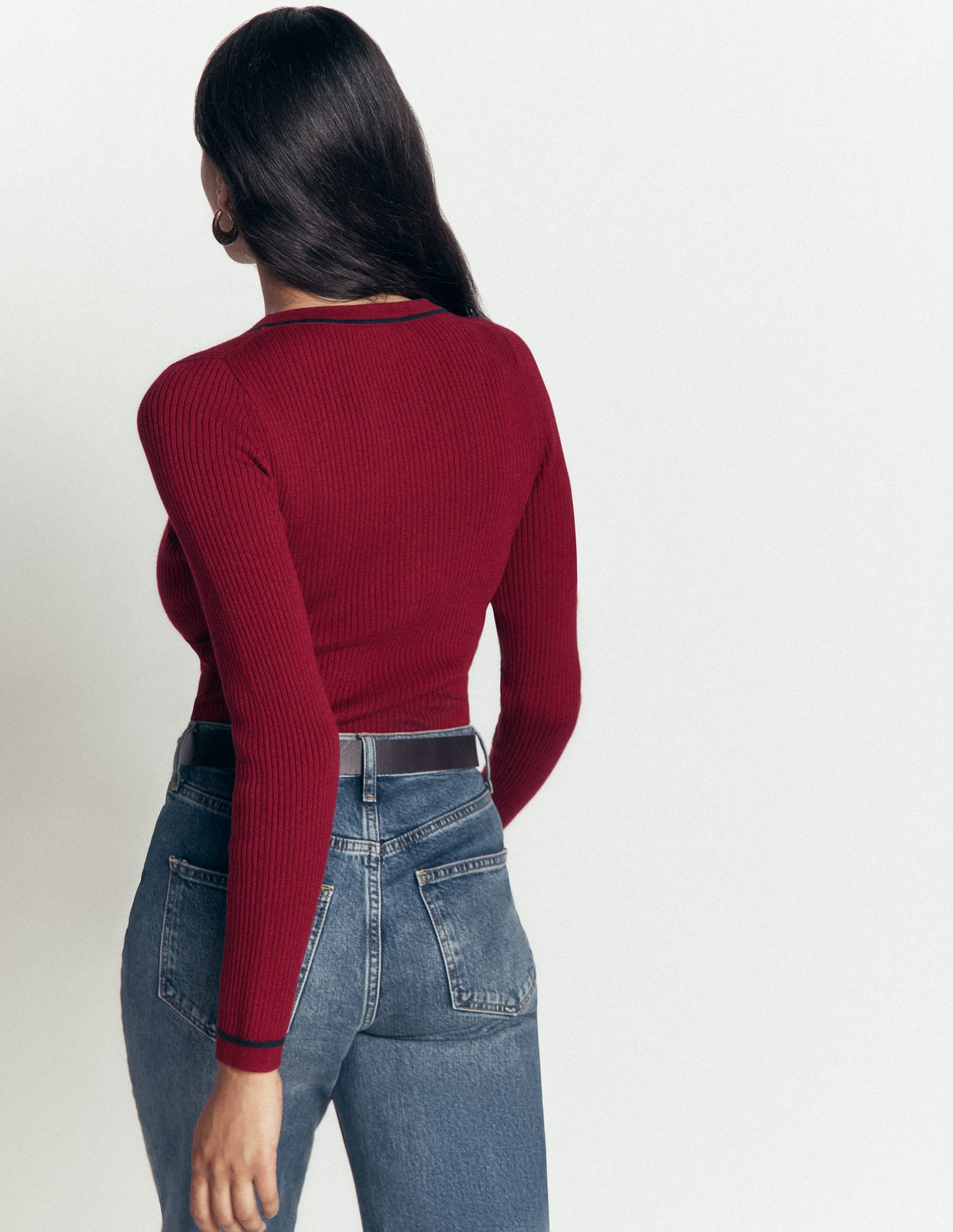 Ribbed V Neck Jumper-Merlot