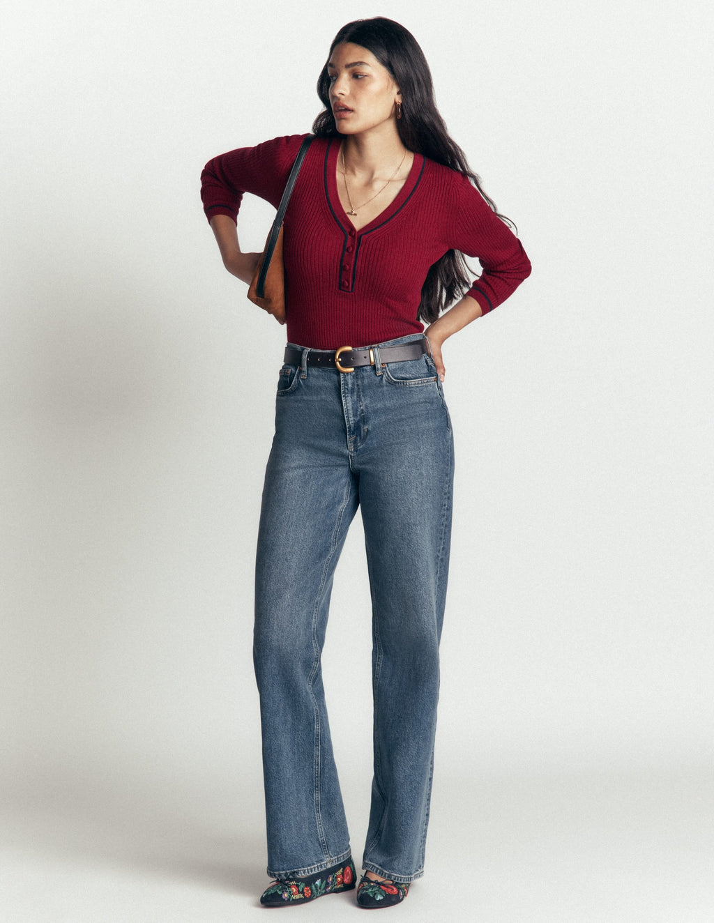 Ribbed V Neck Jumper-Merlot