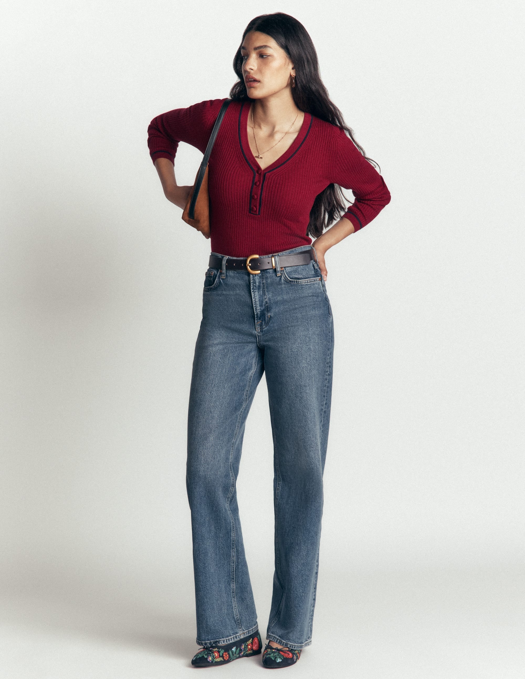 Ribbed V Neck Jumper-Merlot