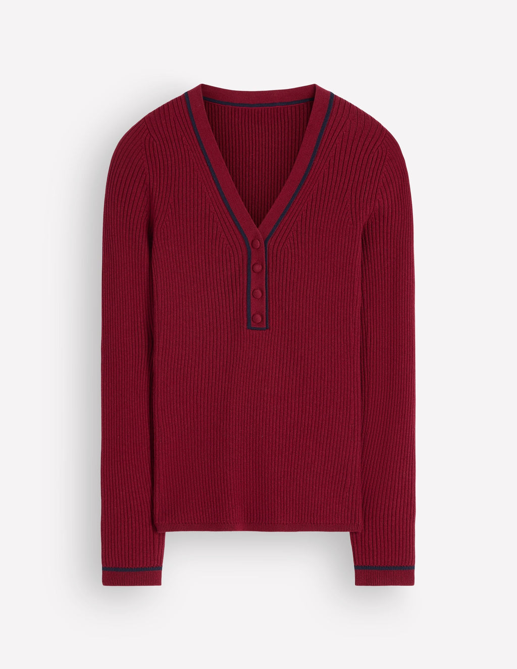Ribbed V Neck Jumper-Merlot