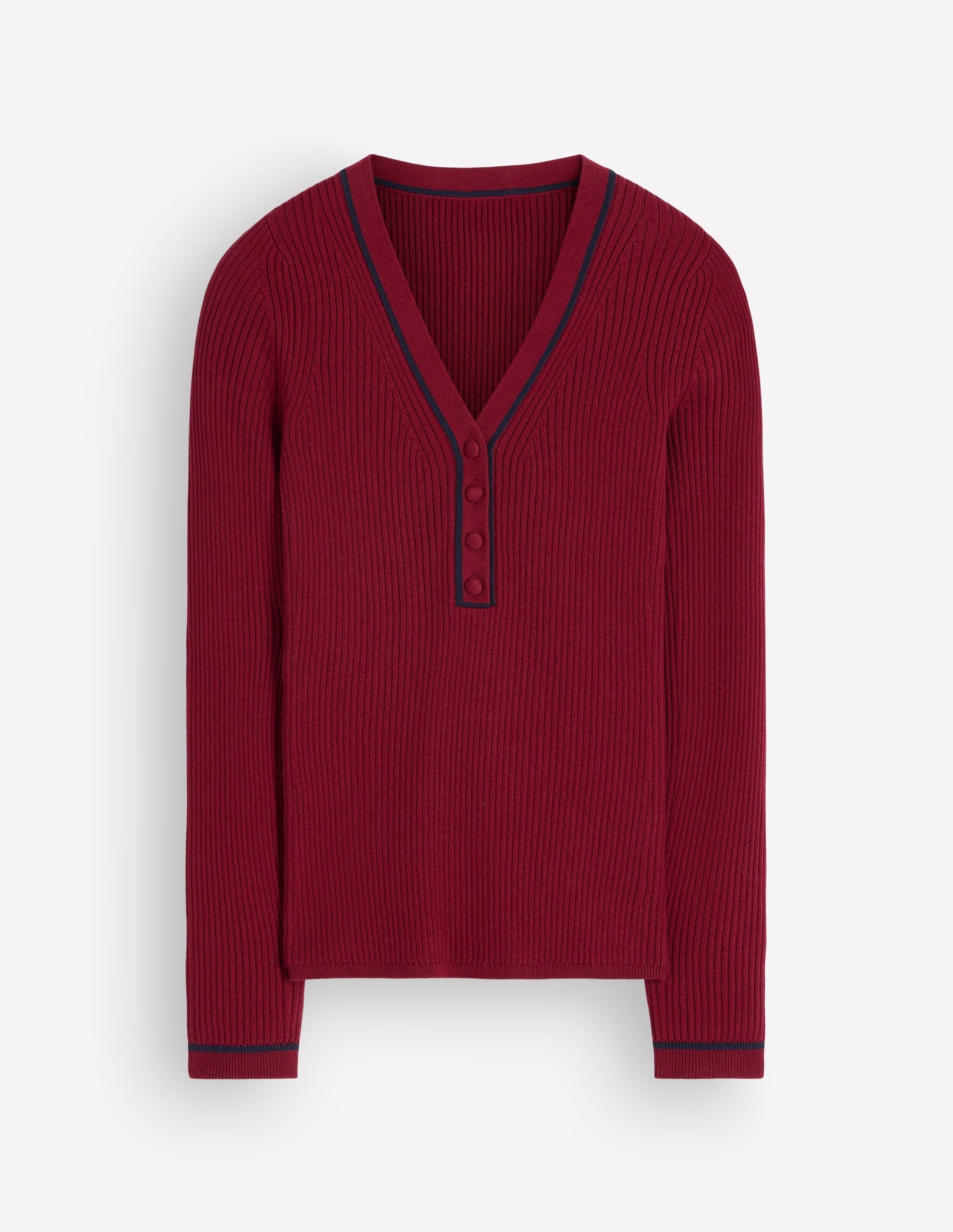 Ribbed V Neck Jumper-Merlot