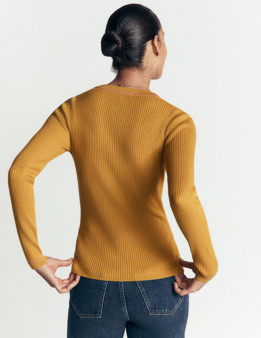 Ribbed V Neck Jumper-Gold Wheat
