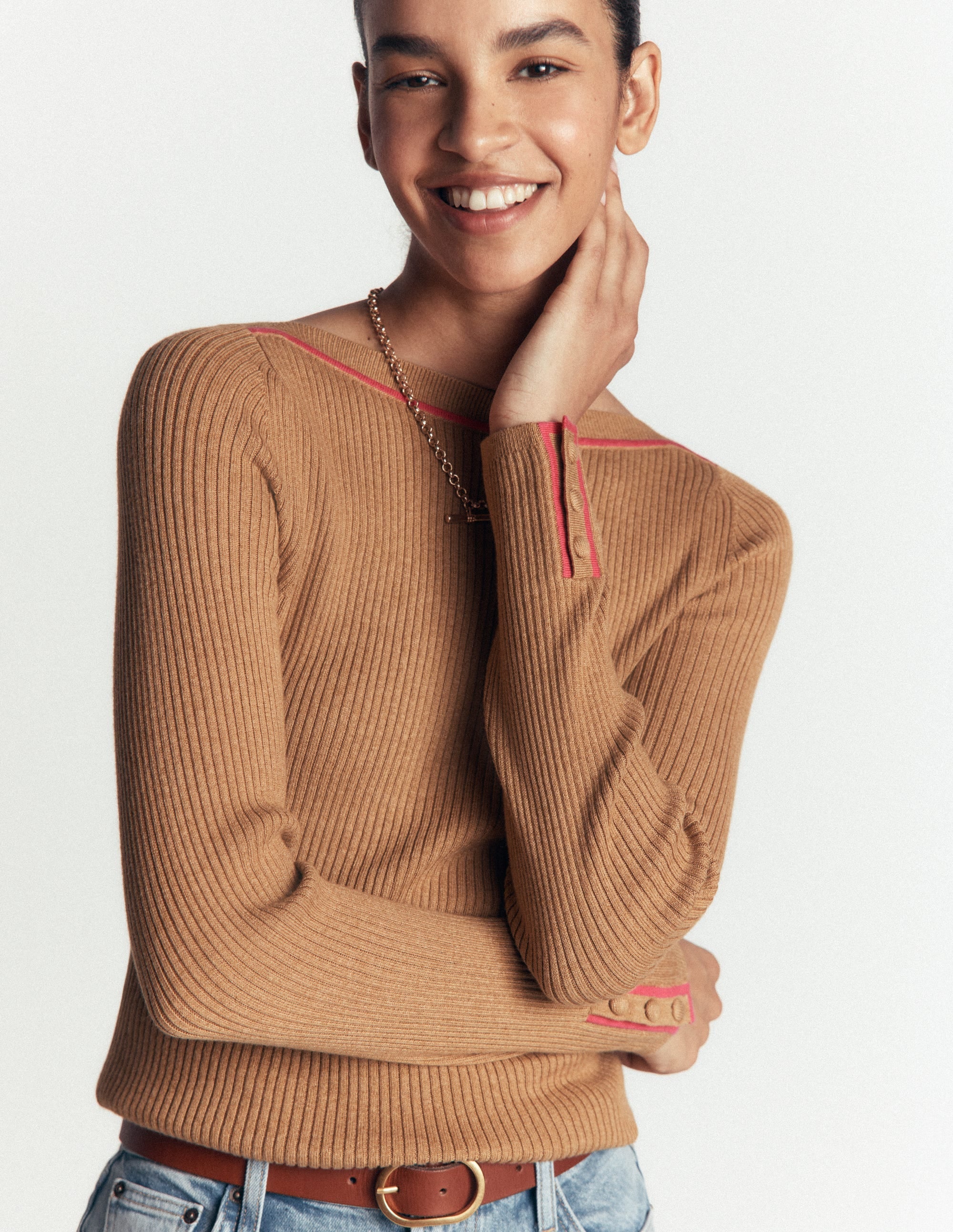 Ribbed Boatneck Jumper-Camel