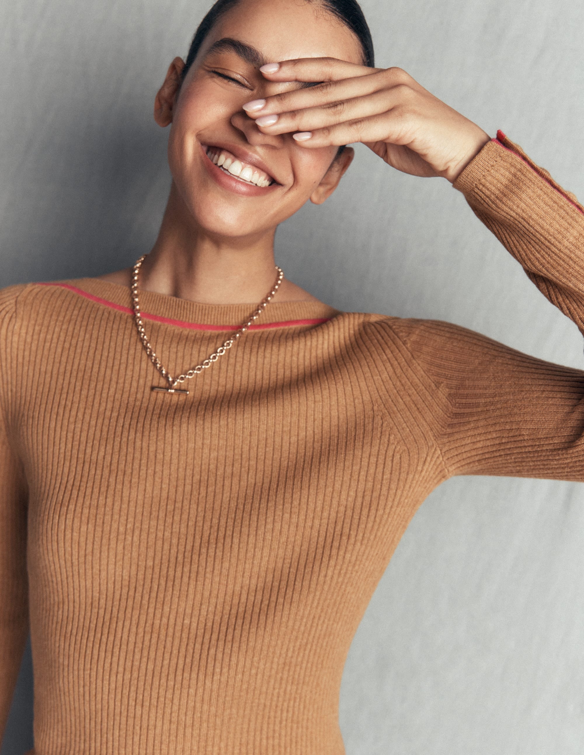 Ribbed Boatneck Jumper-Camel