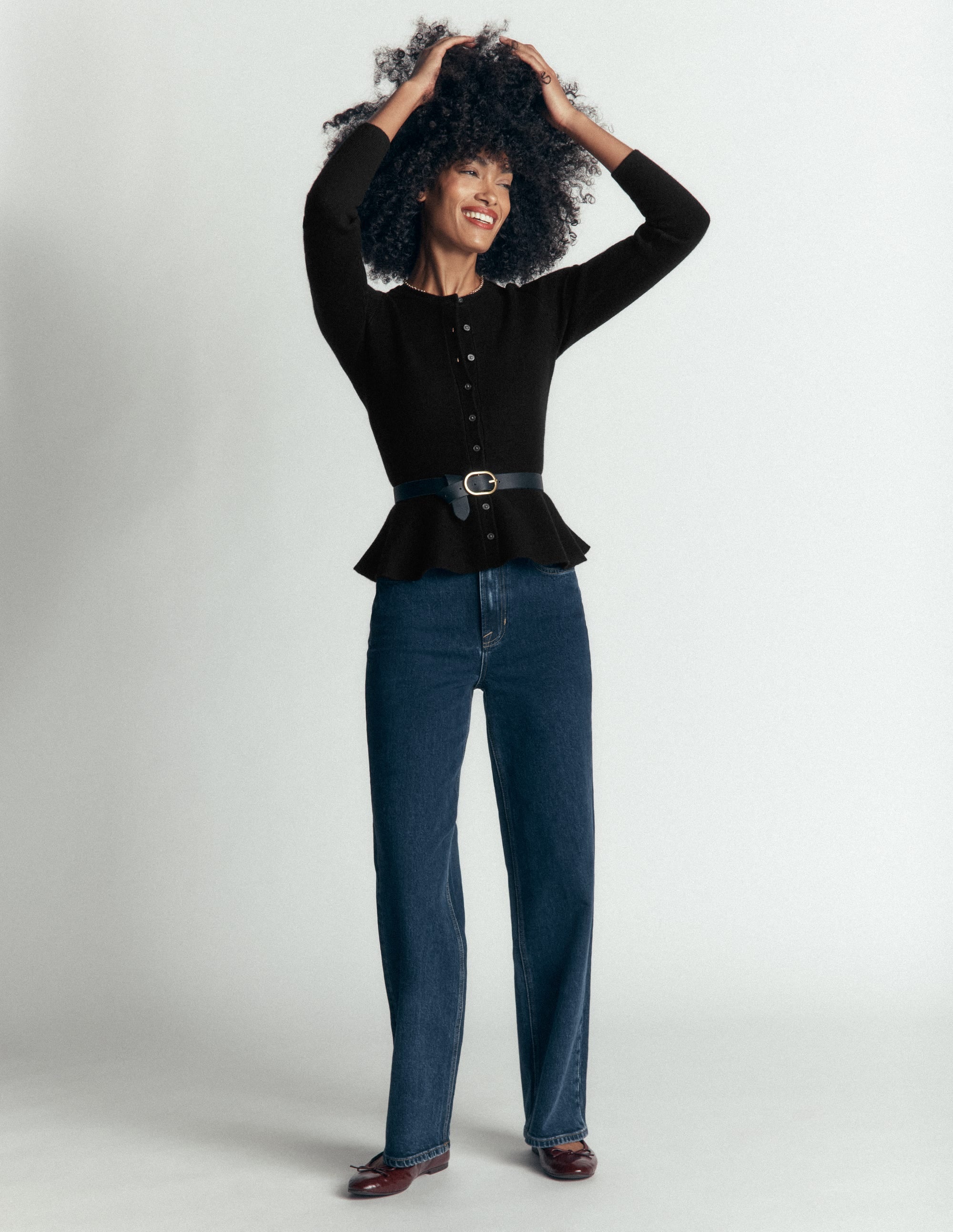 Fitted Wool Peplum Cardigan-Black