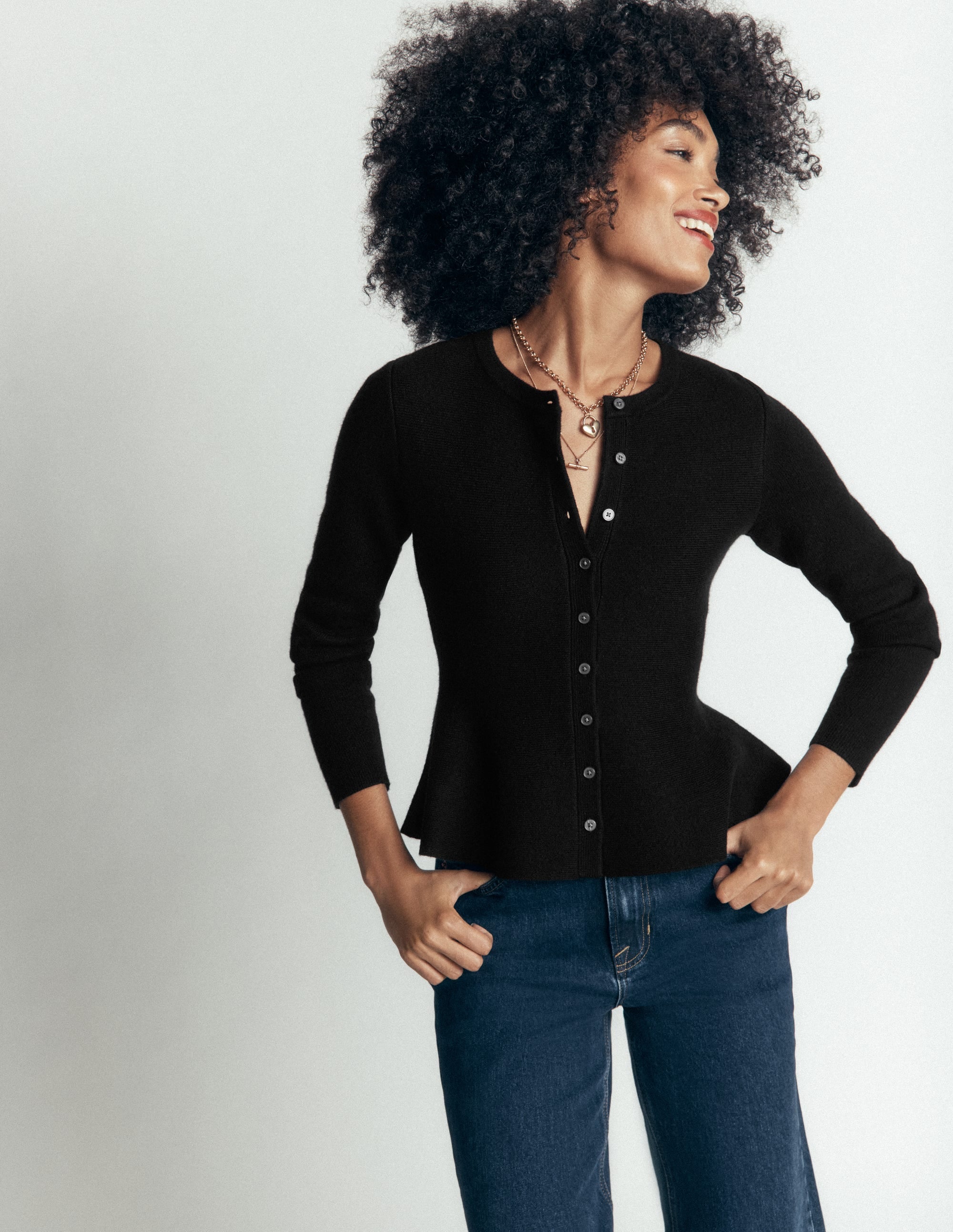 Fitted Wool Peplum Cardigan-Black