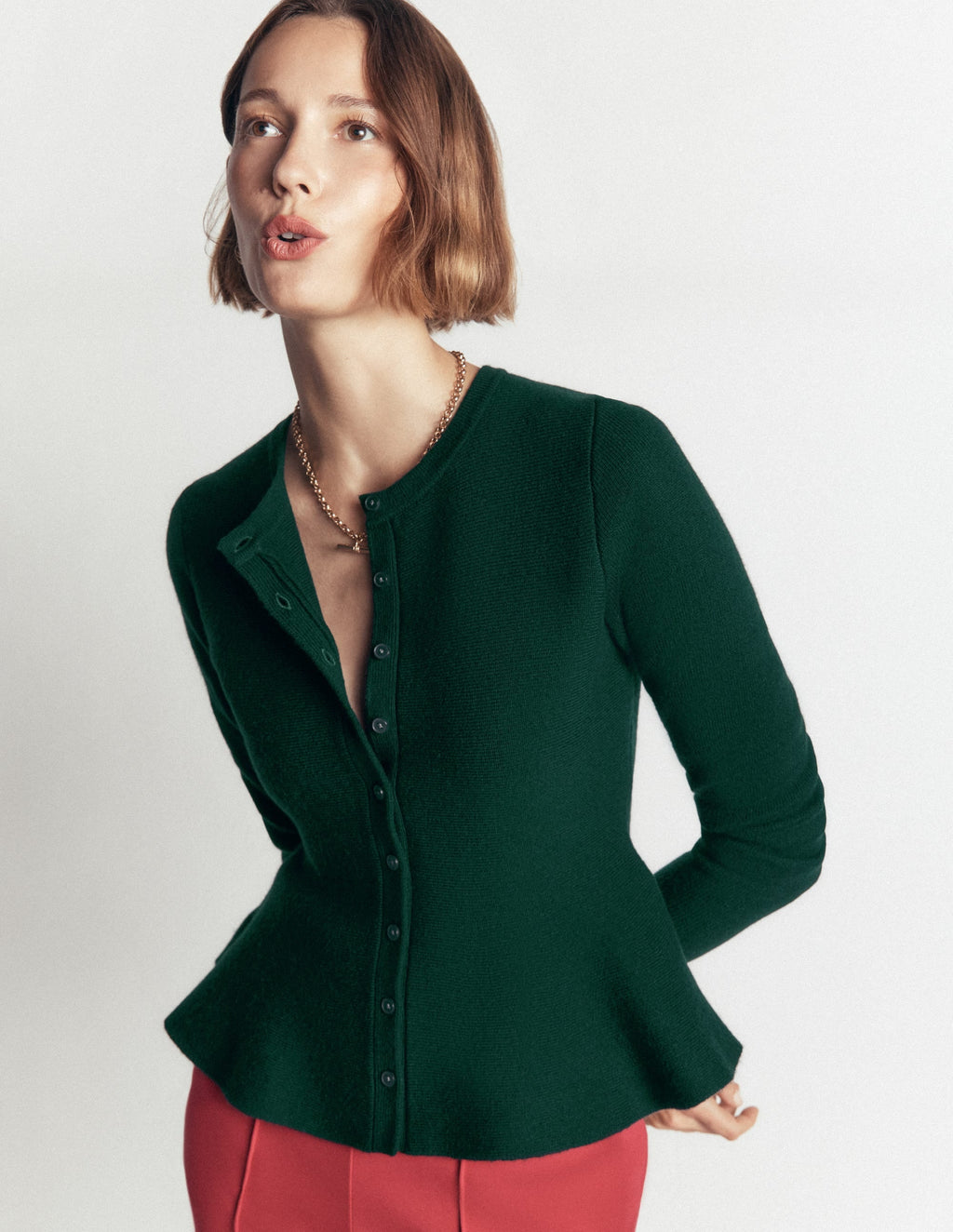 Fitted Wool Peplum Cardigan-Sea moss