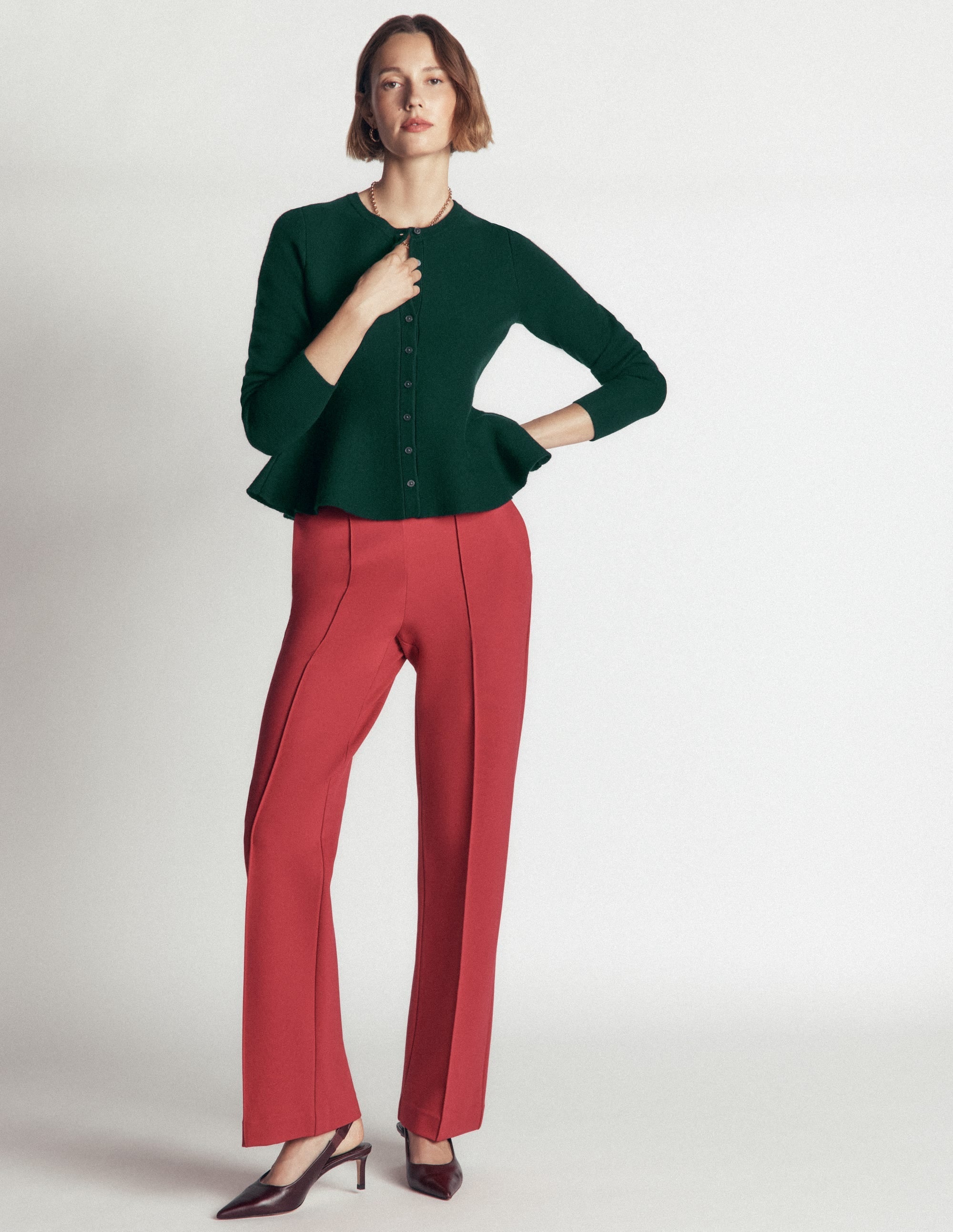 Fitted Wool Peplum Cardigan-Sea moss