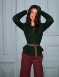Fitted Wool Peplum Cardigan-Sea moss