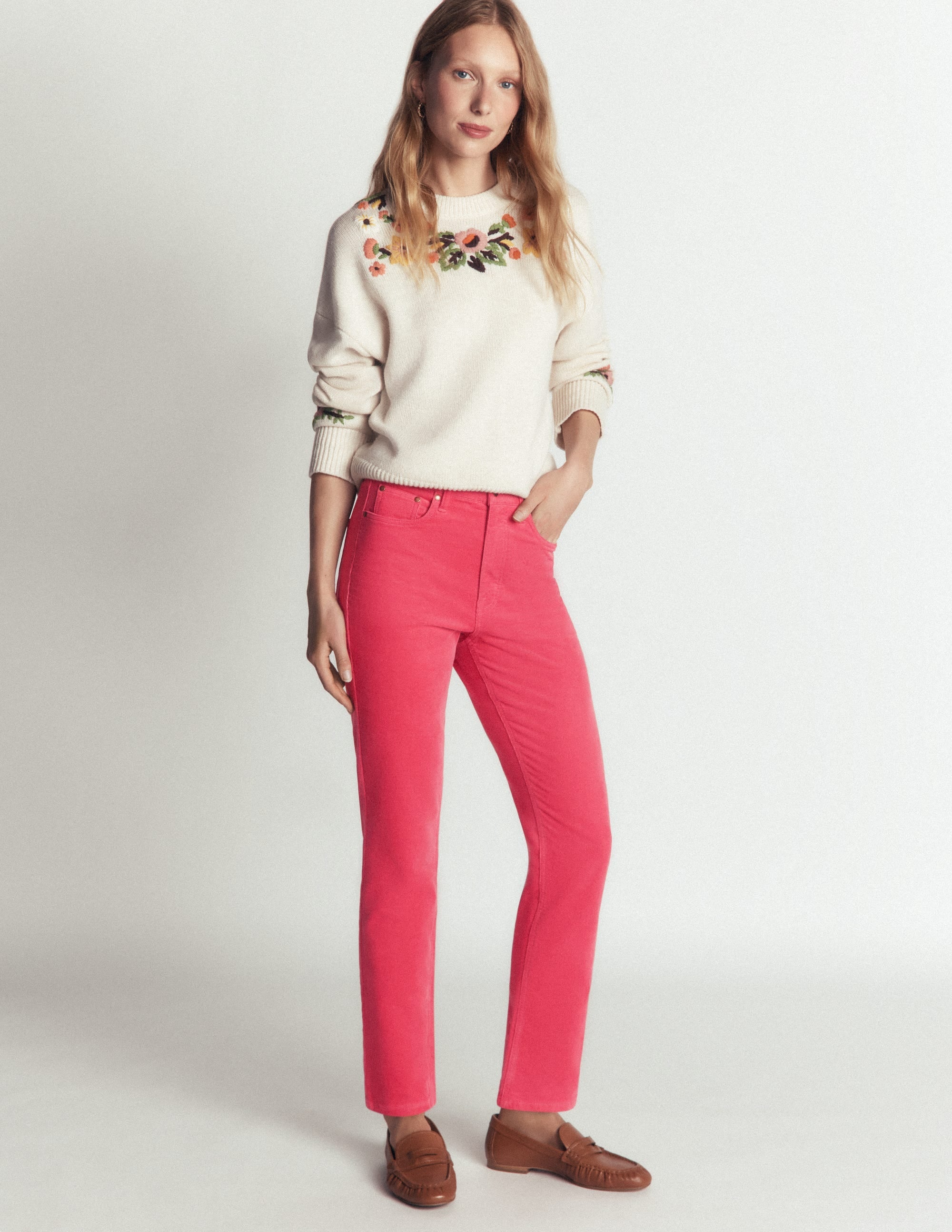 High Rise Cord Slim Jeans-Holly Berry