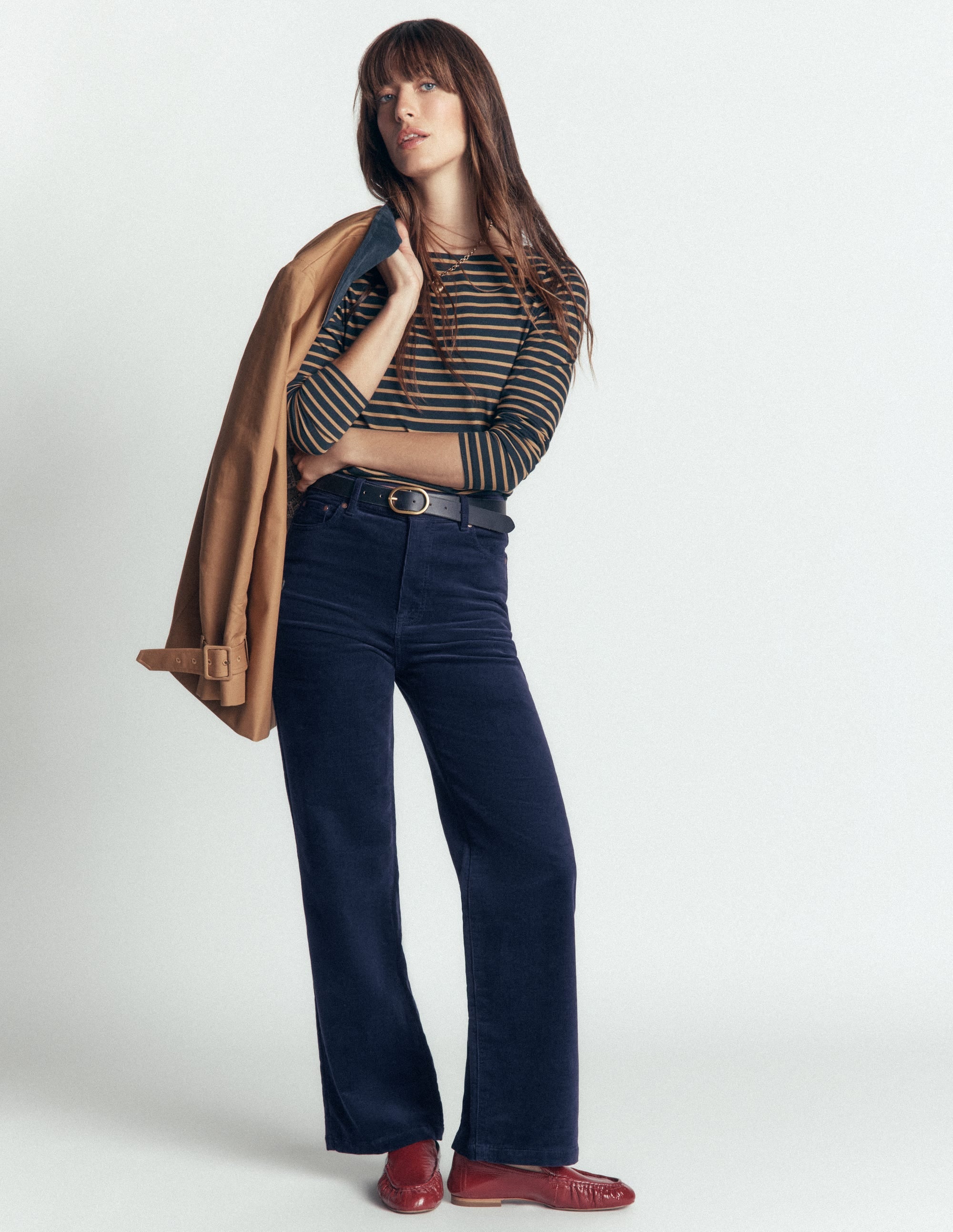 High Rise Cord Column Jeans-Navy