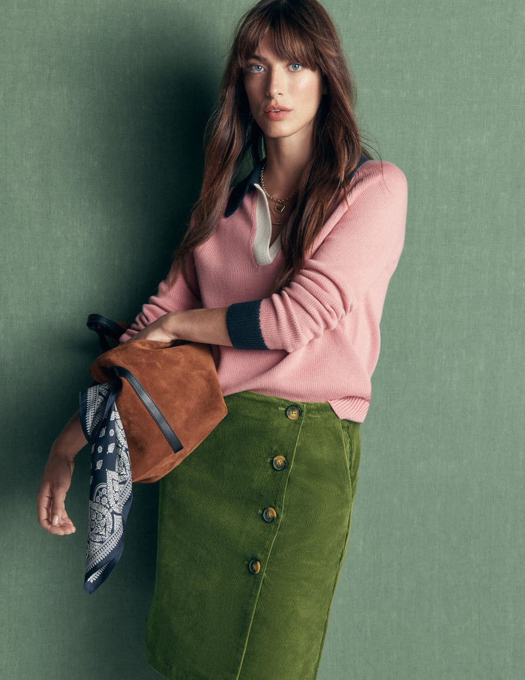 Button Cord Wrap Skirt-Forest Green