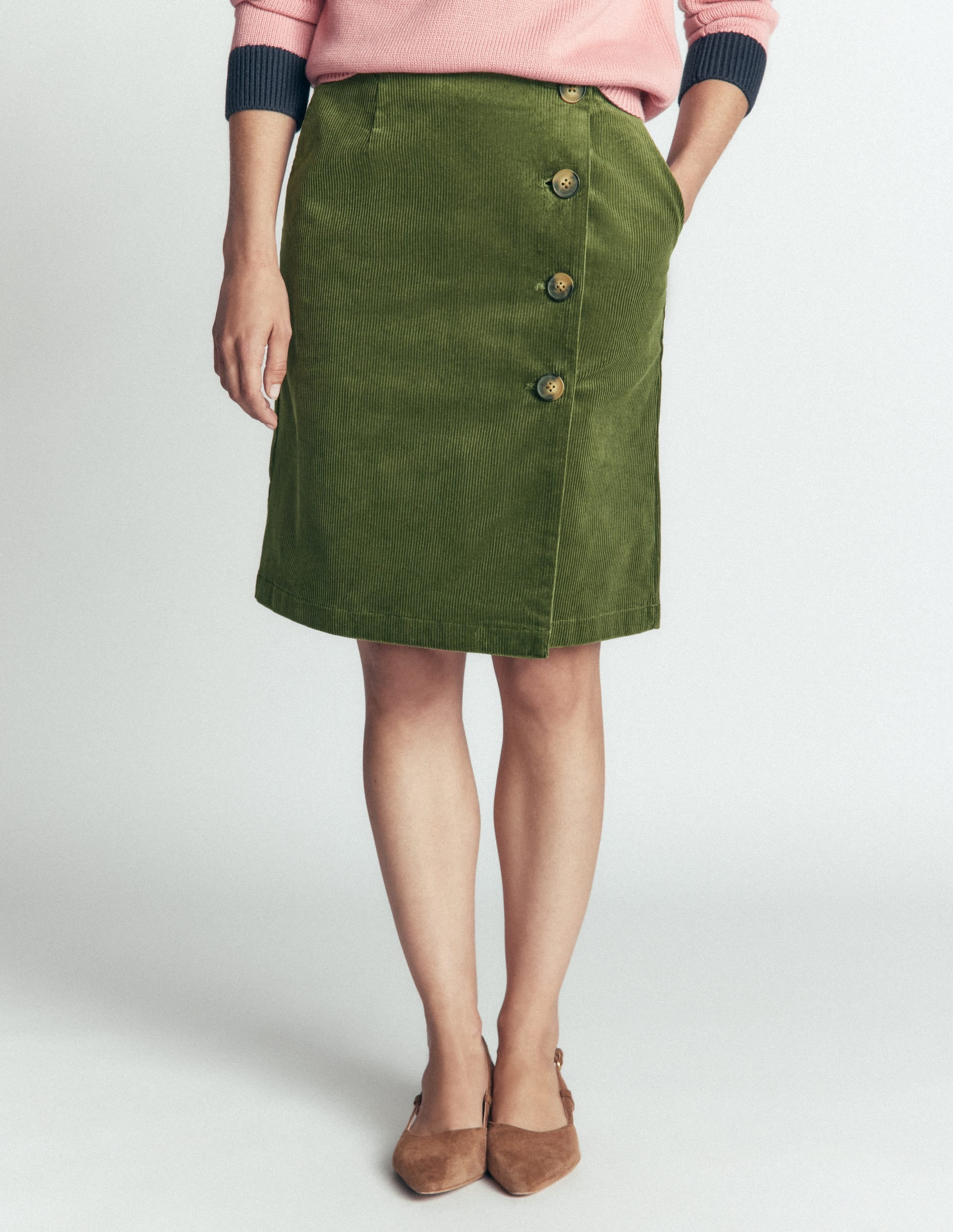 Button Cord Wrap Skirt-Forest Green