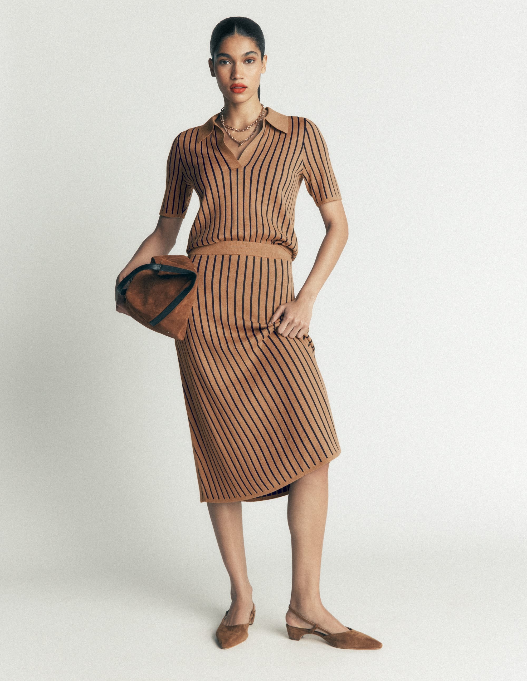 Jacquard Knitted Midi Skirt-Camel Stripe