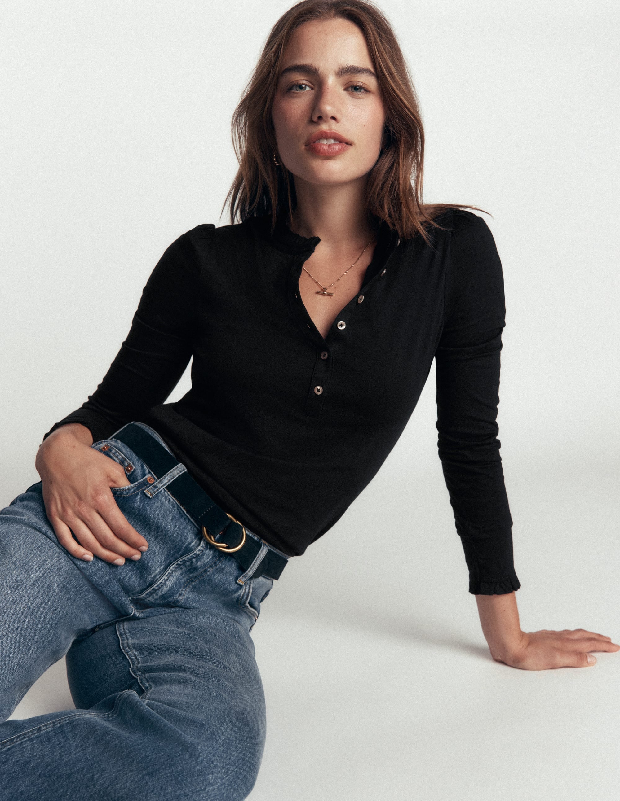 Supersoft Frill Henley Top-Black