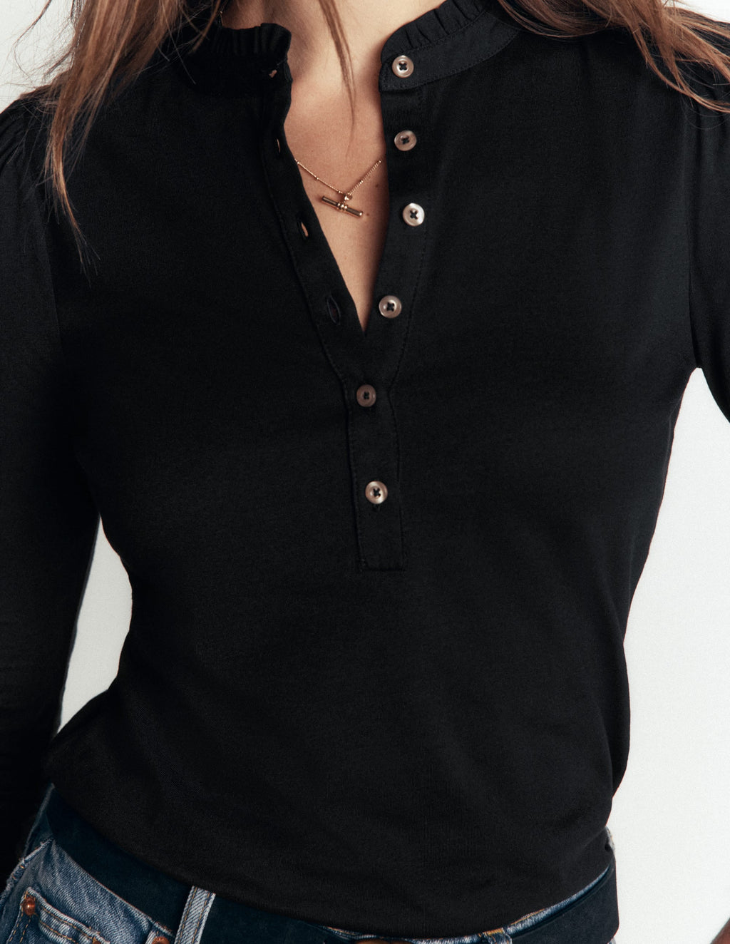 Supersoft Frill Henley Top-Black